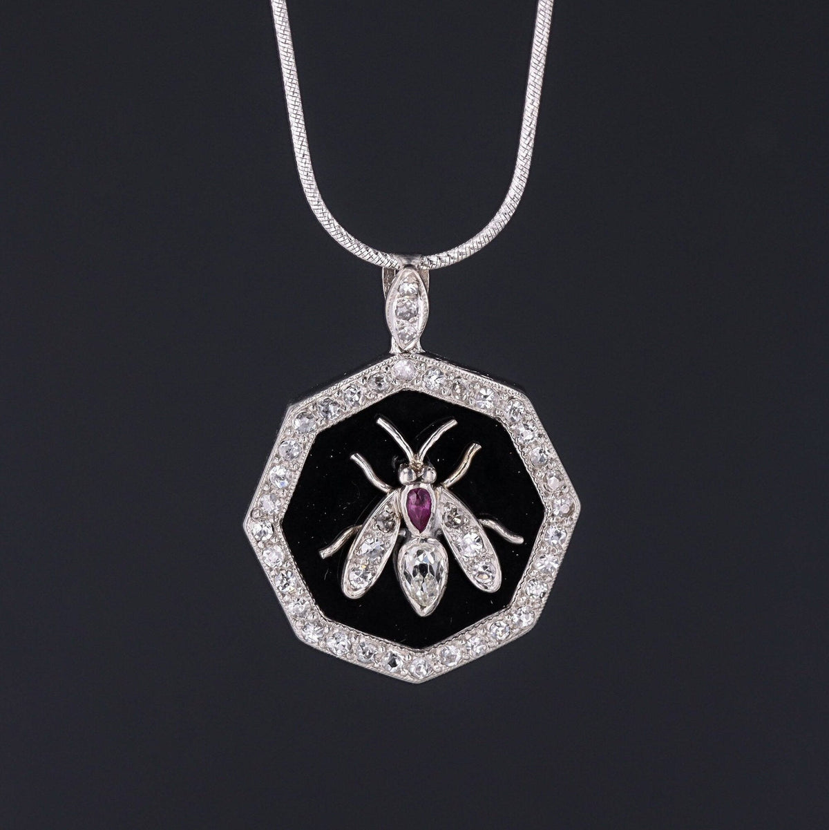 Insect or Bee Pendant | Antique Diamond Ruby &amp; Onyx Pendant - Trademark Antiques