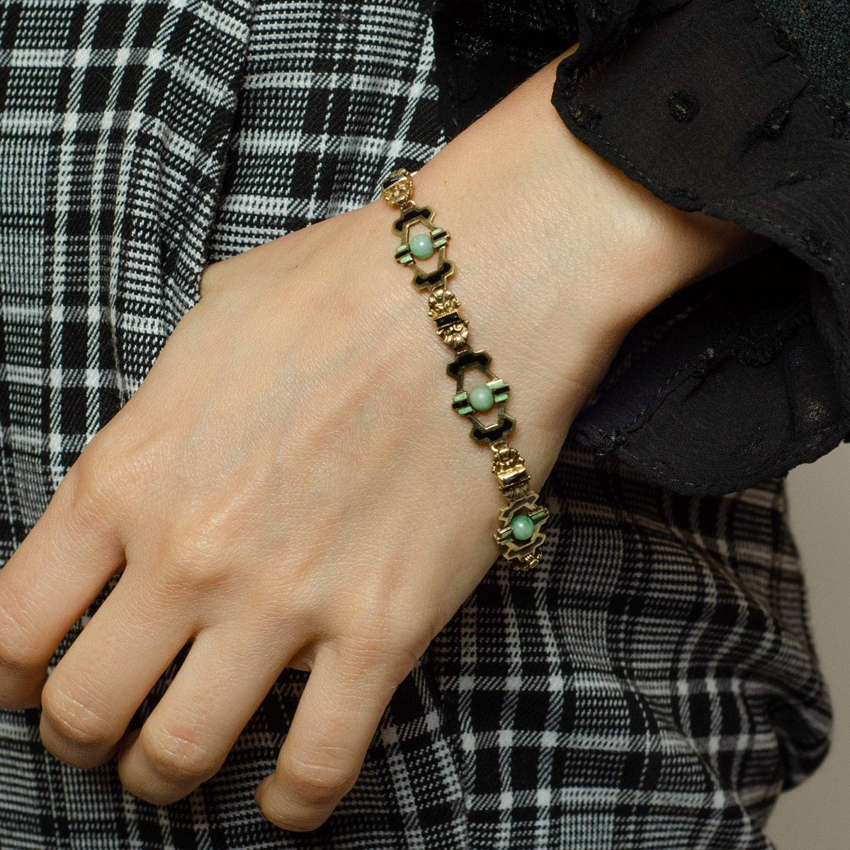 Jade &amp; Enamel Bracelet | 14k Gold Jade Bracelet - Trademark Antiques