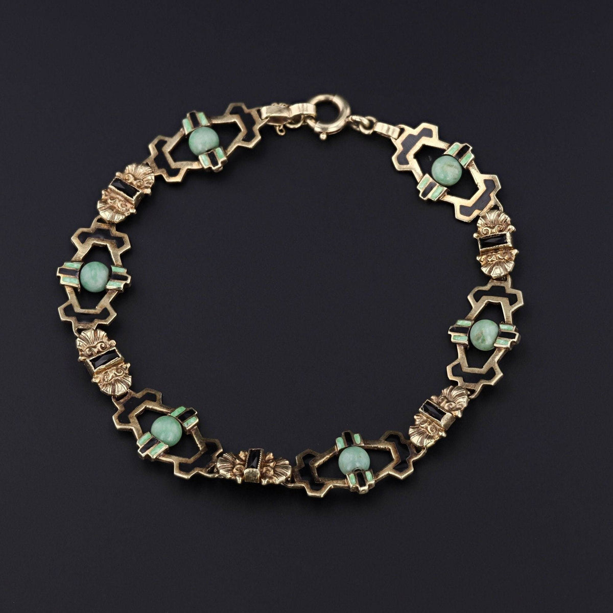 Jade &amp; Enamel Bracelet | 14k Gold Jade Bracelet - Trademark Antiques