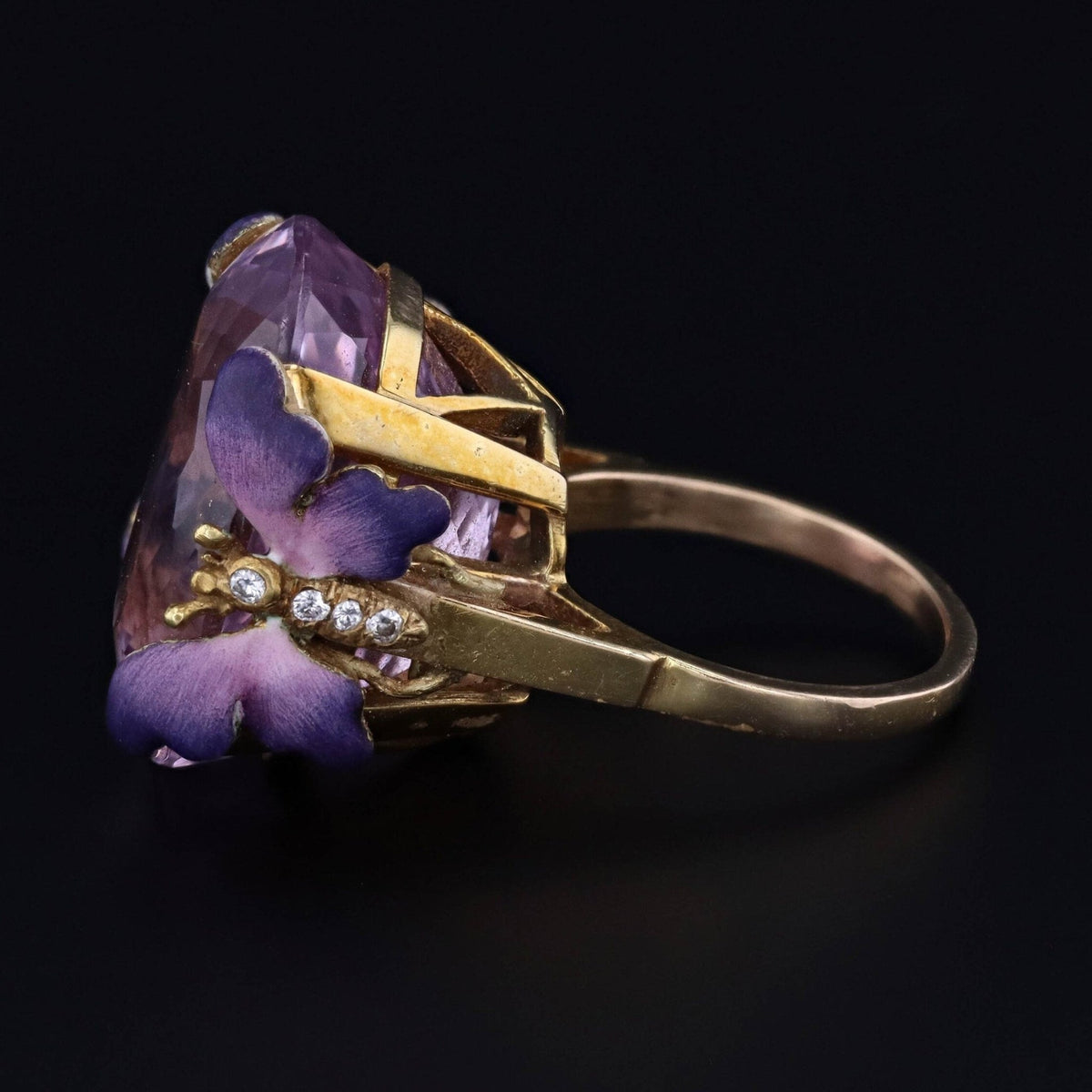 Kunzite and Enamel Butterfly Ring | 14k Gold &amp; Diamond Ring - Trademark Antiques