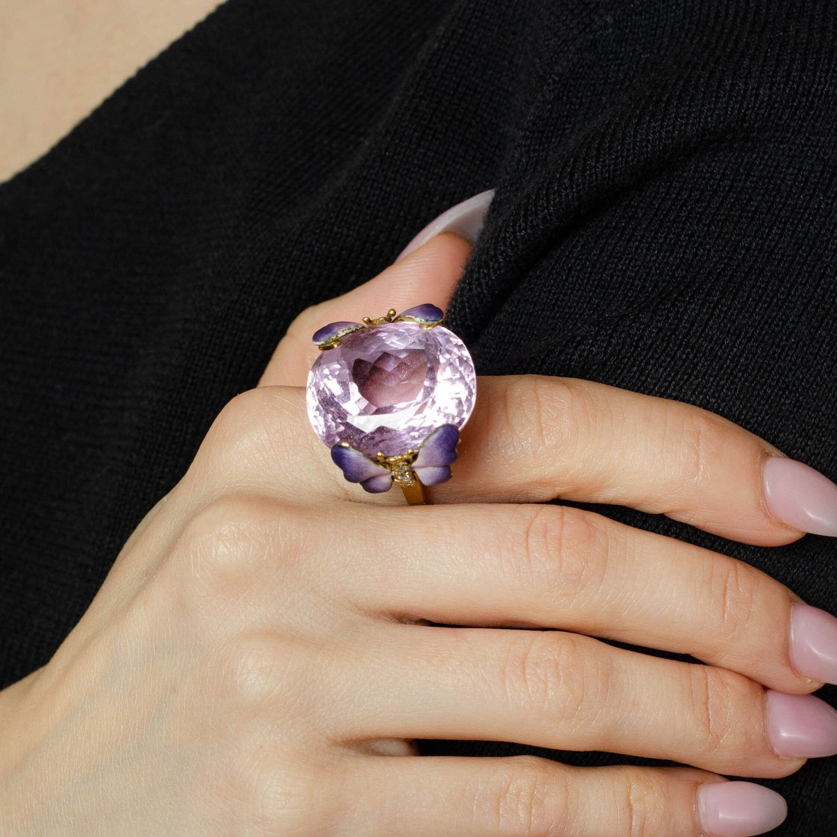 Kunzite and Enamel Butterfly Ring | 14k Gold &amp; Diamond Ring - Trademark Antiques