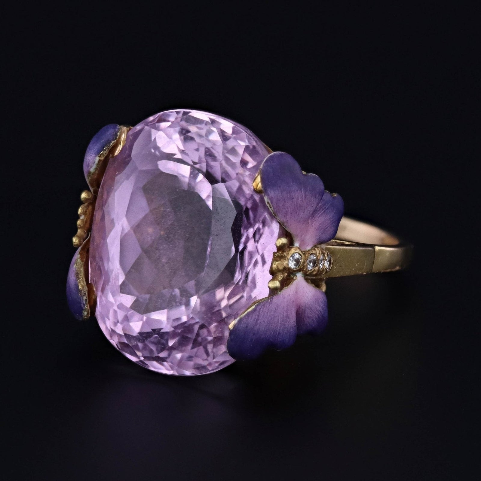Kunzite and Enamel Butterfly Ring | 14k Gold & Diamond Ring - Trademark Antiques