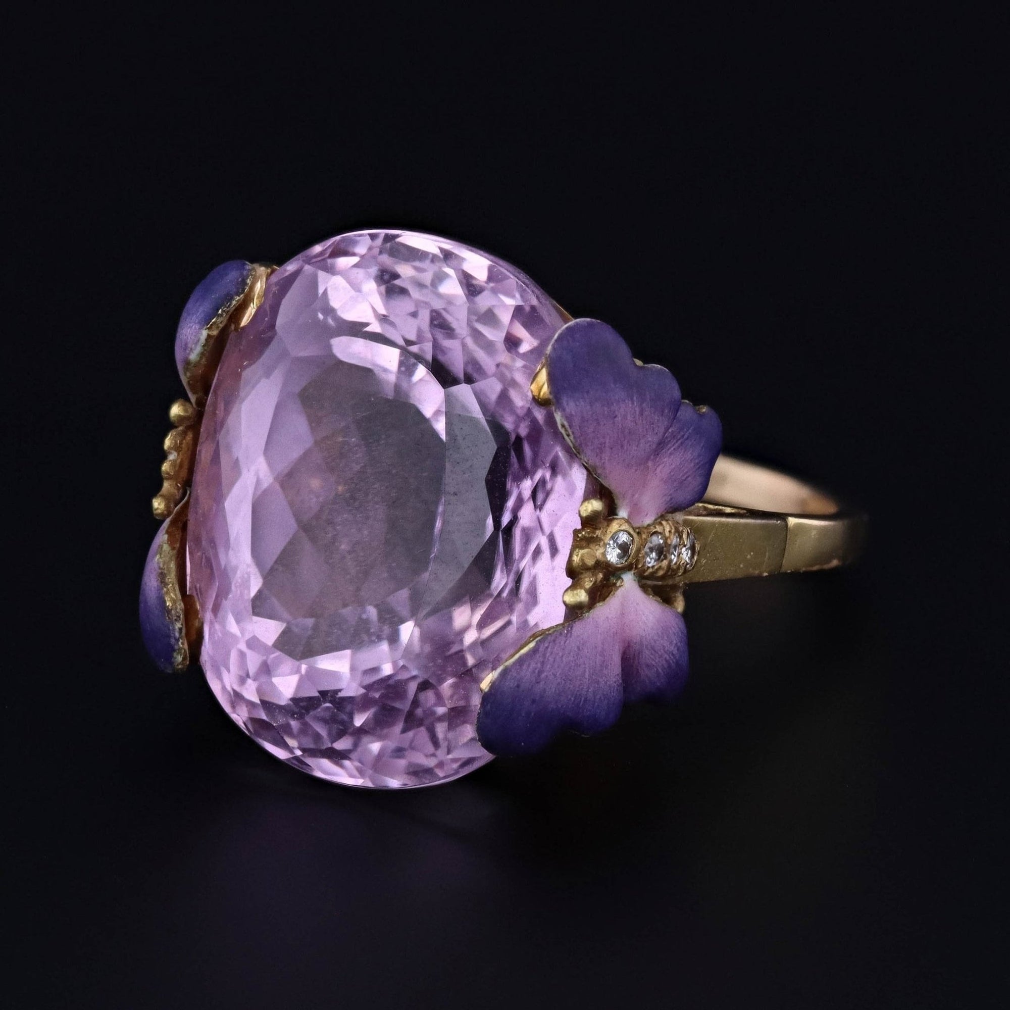Kunzite and Enamel Butterfly Ring | 14k Gold & Diamond Ring - Trademark Antiques
