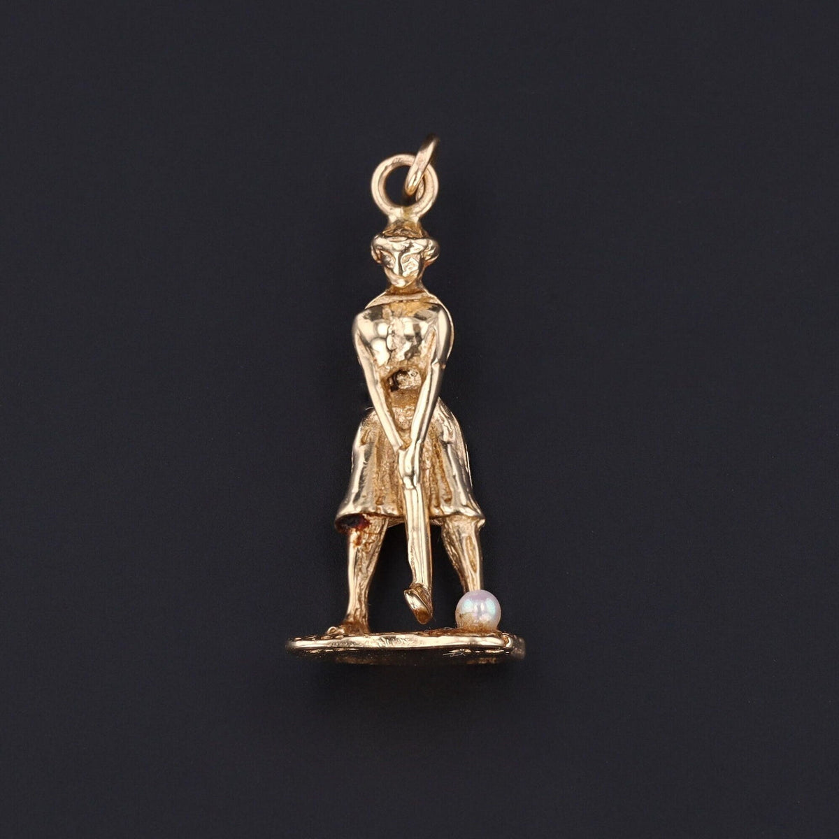 Lady Golfer Charm | 14k Gold &amp; Pearl Golfer Charm - Trademark Antiques