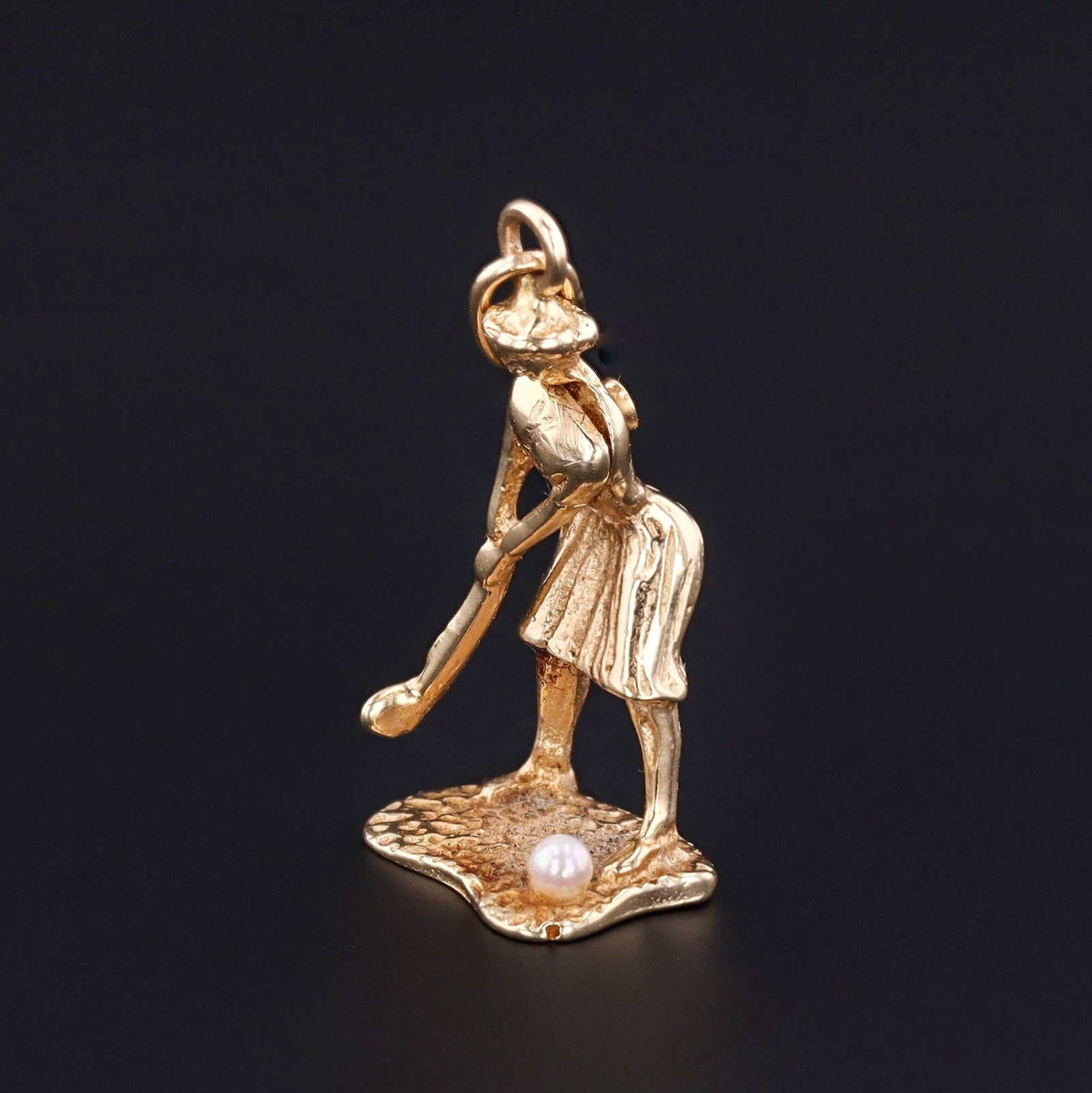 Lady Golfer Charm | 14k Gold & Pearl Golfer Charm - Trademark Antiques