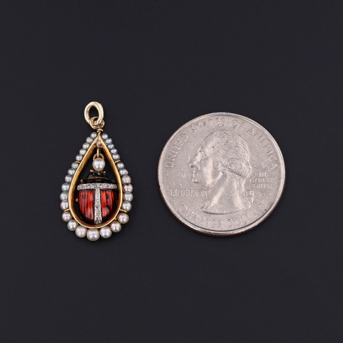 Ladybug Pendant | 18k Gold, Enamel, Pearl &amp; Diamond Pendant - Trademark Antiques
