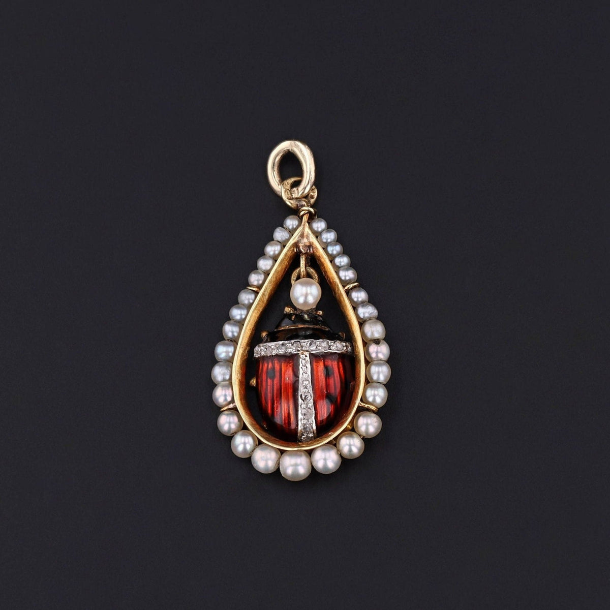 Ladybug Pendant | 18k Gold, Enamel, Pearl &amp; Diamond Pendant - Trademark Antiques