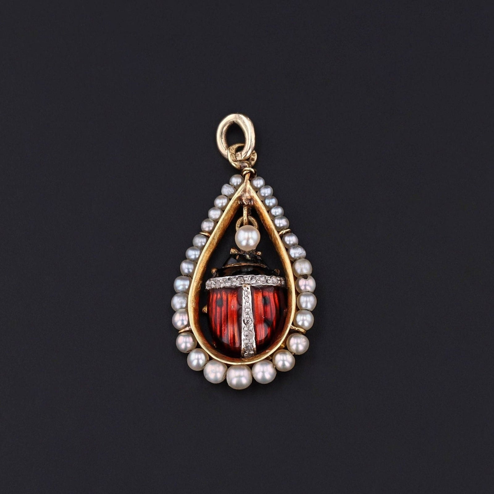 Ladybug Pendant | 18k Gold, Enamel, Pearl & Diamond Pendant - Trademark Antiques