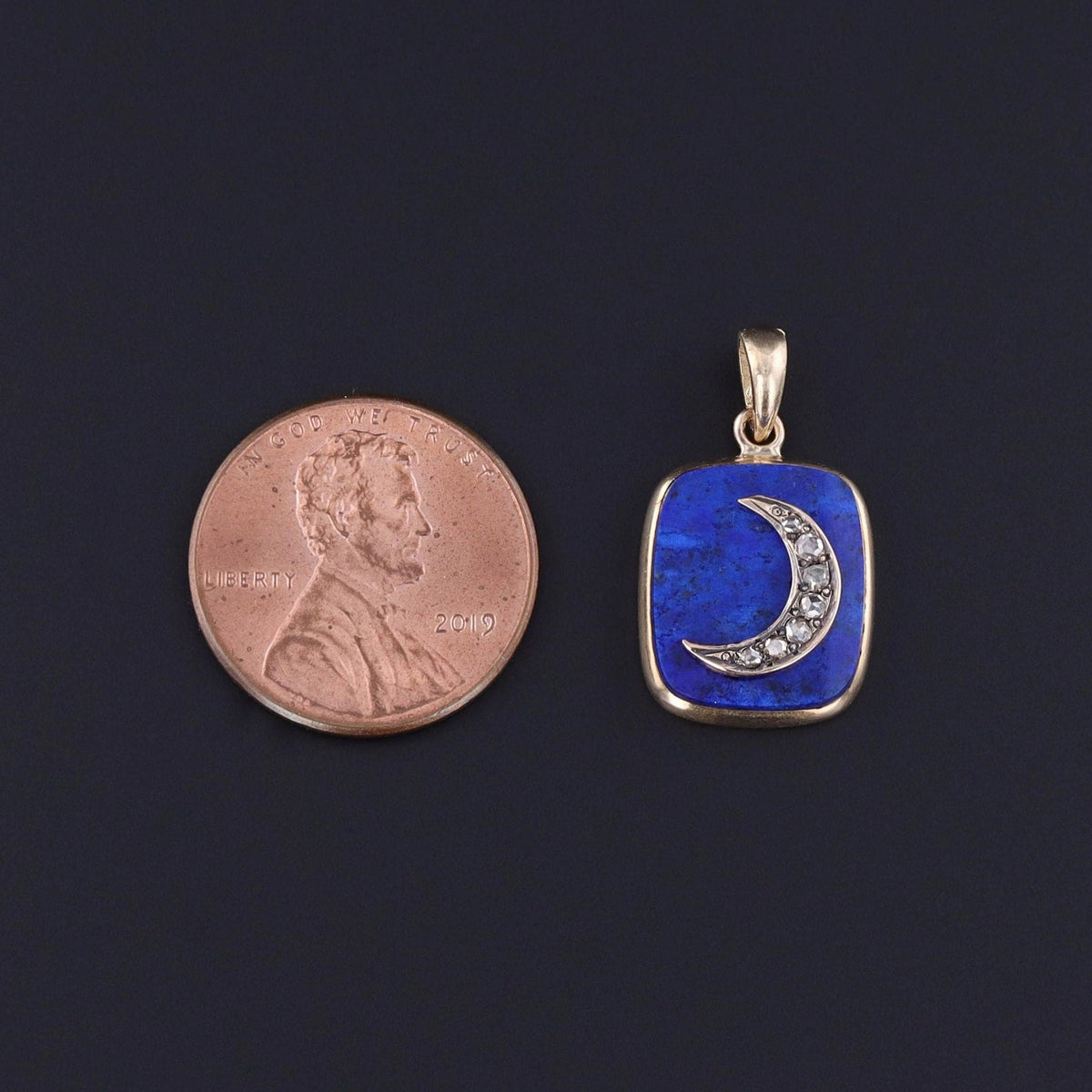 Lapis and Diamond Crescent Pendant of 14k Gold - Trademark Antiques
