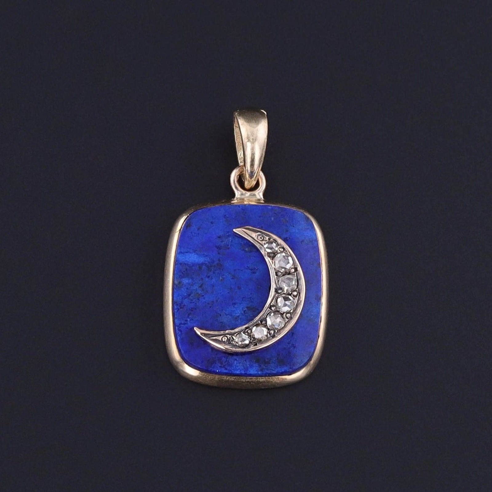 Lapis and Diamond Crescent Pendant of 14k Gold - Trademark Antiques