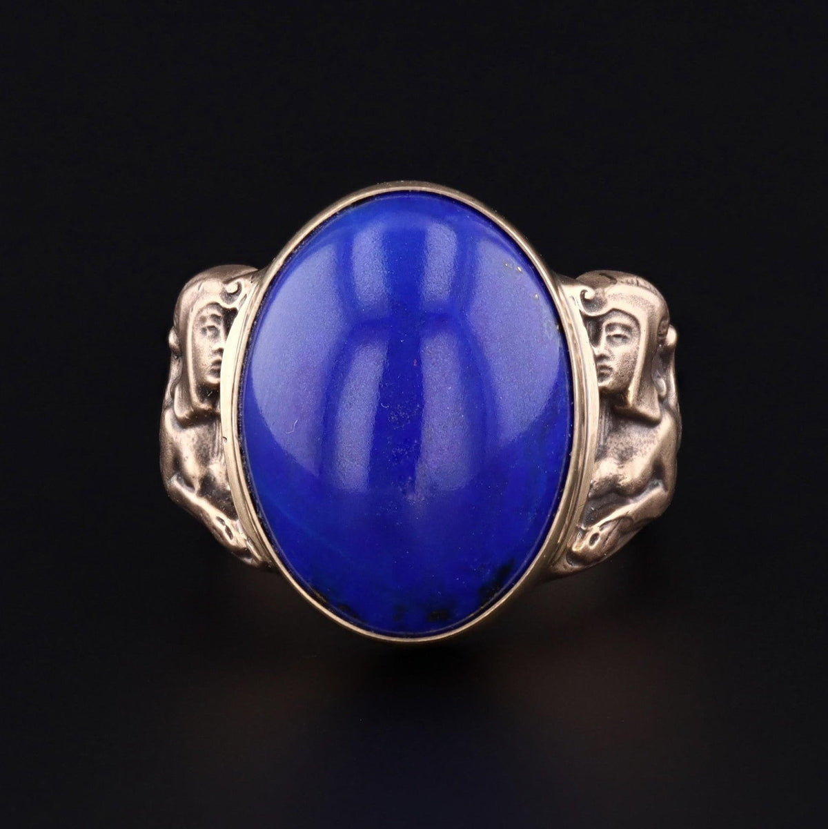 Lapis Statement Ring | 14k Gold Sphinx Ring - Trademark Antiques