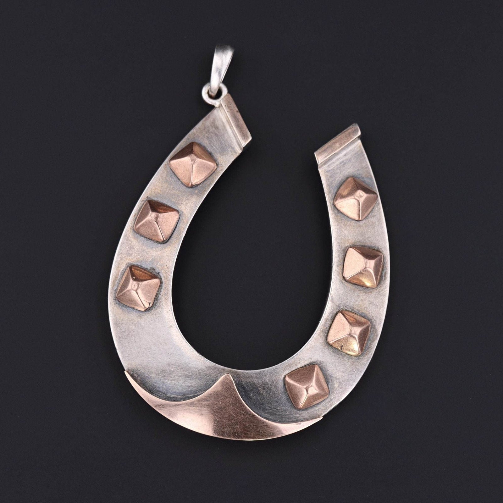Large Victorian Horseshoe Pendant | 10k Rose Gold & Sterling Silver Pendant - Trademark Antiques