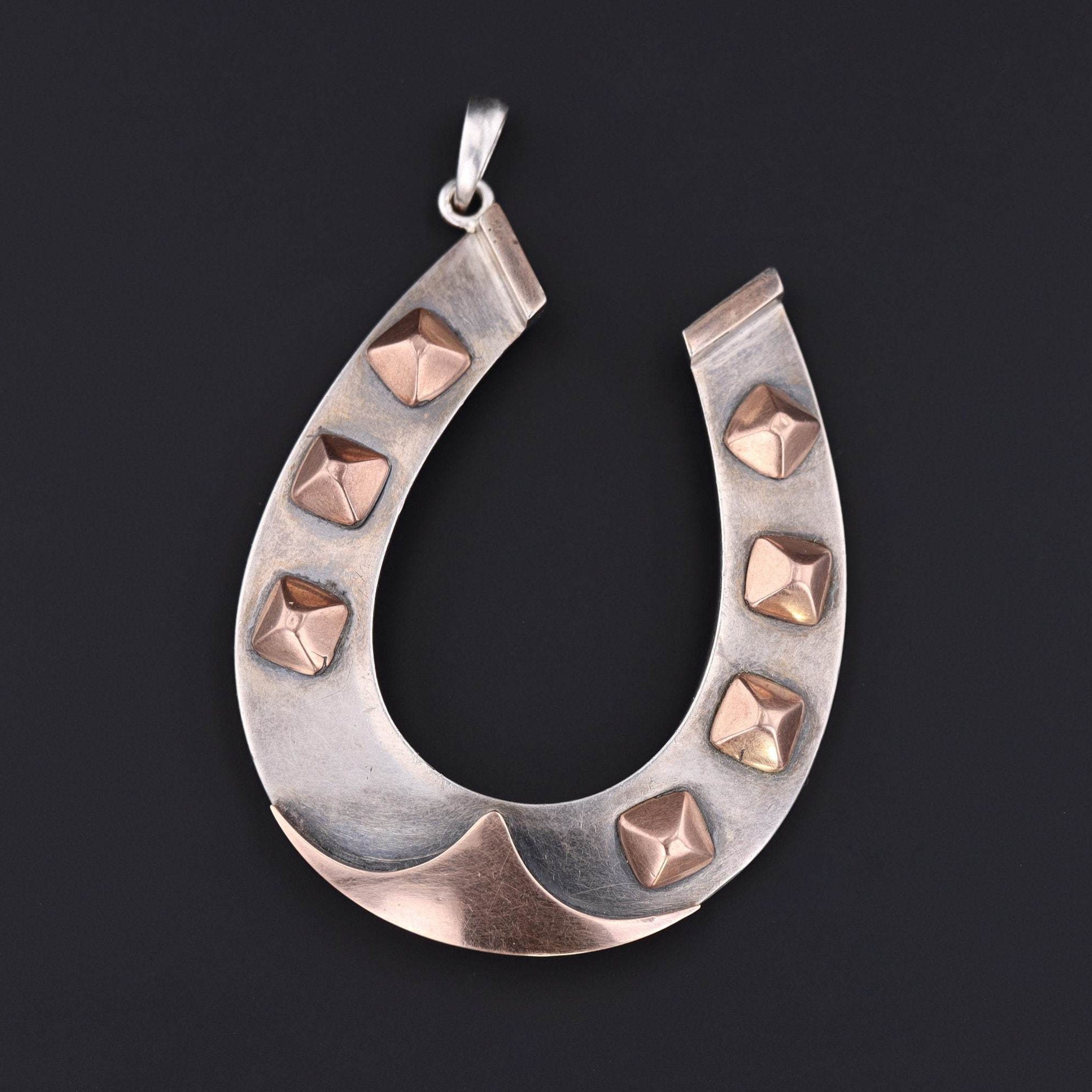Large Victorian Horseshoe Pendant | 10k Rose Gold & Sterling Silver Pendant - Trademark Antiques