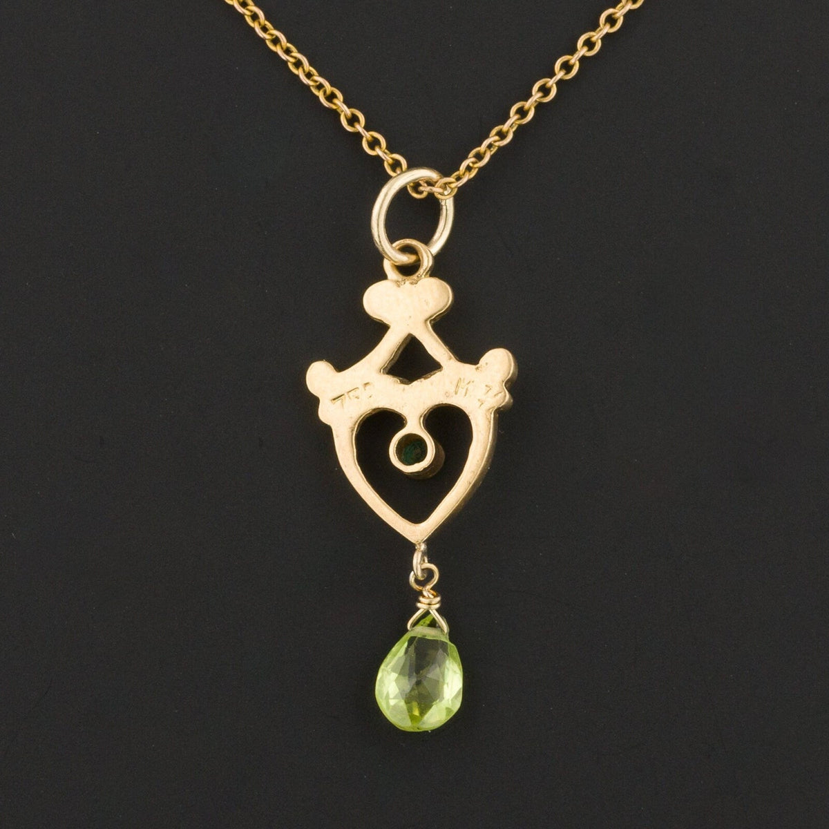 Lavalier Pendant | 18k Gold Peridot &amp; Green Glass Pendant on Optional 10k Chain - Trademark Antiques