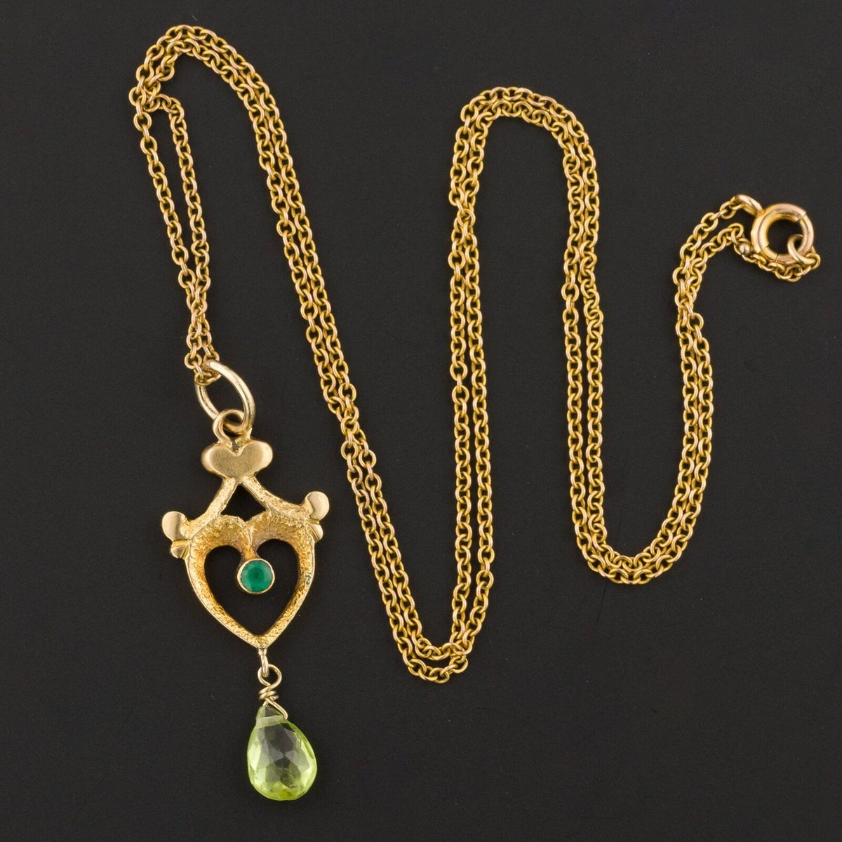 Lavalier Pendant | 18k Gold Peridot &amp; Green Glass Pendant on Optional 10k Chain - Trademark Antiques