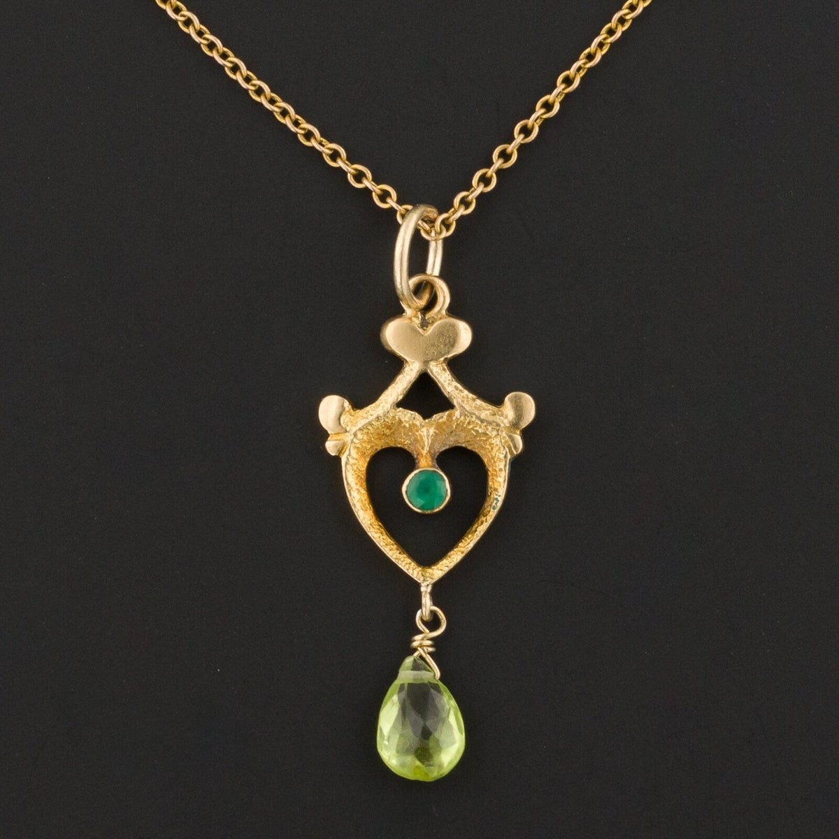 Lavalier Pendant | 18k Gold Peridot &amp; Green Glass Pendant on Optional 10k Chain - Trademark Antiques