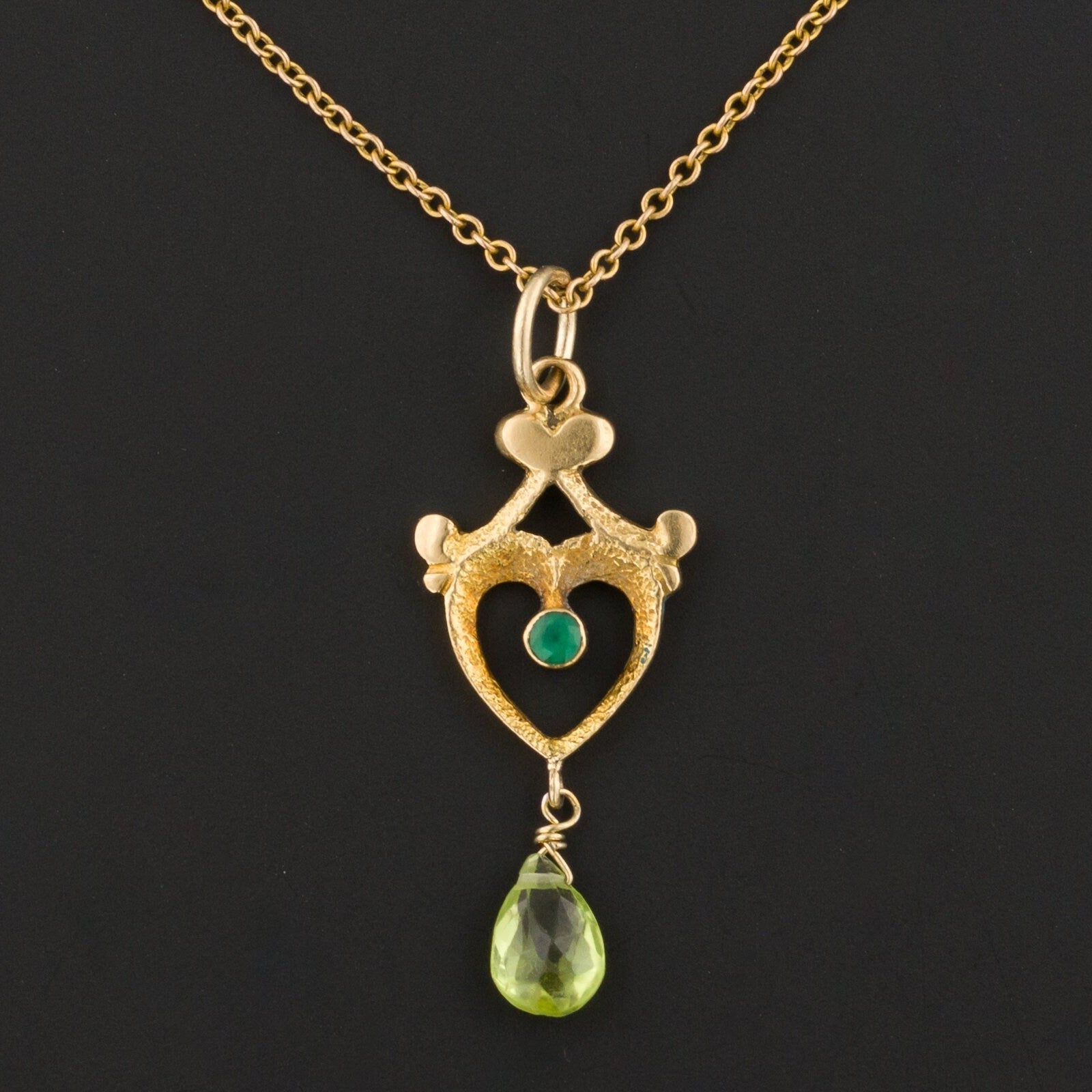 Lavalier Pendant | 18k Gold Peridot & Green Glass Pendant on Optional 10k Chain - Trademark Antiques