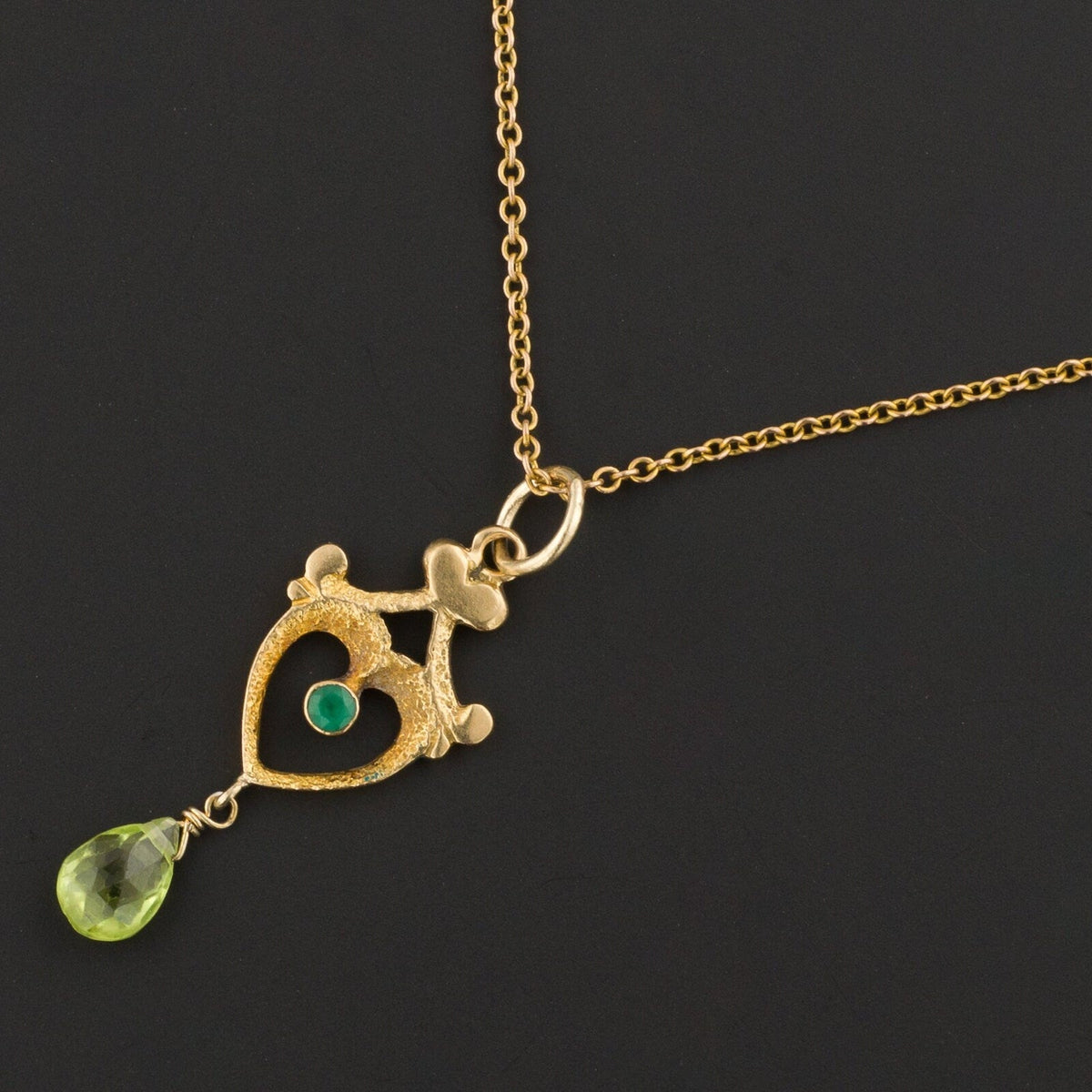 Lavalier Pendant | 18k Gold Peridot &amp; Green Glass Pendant on Optional 10k Chain - Trademark Antiques
