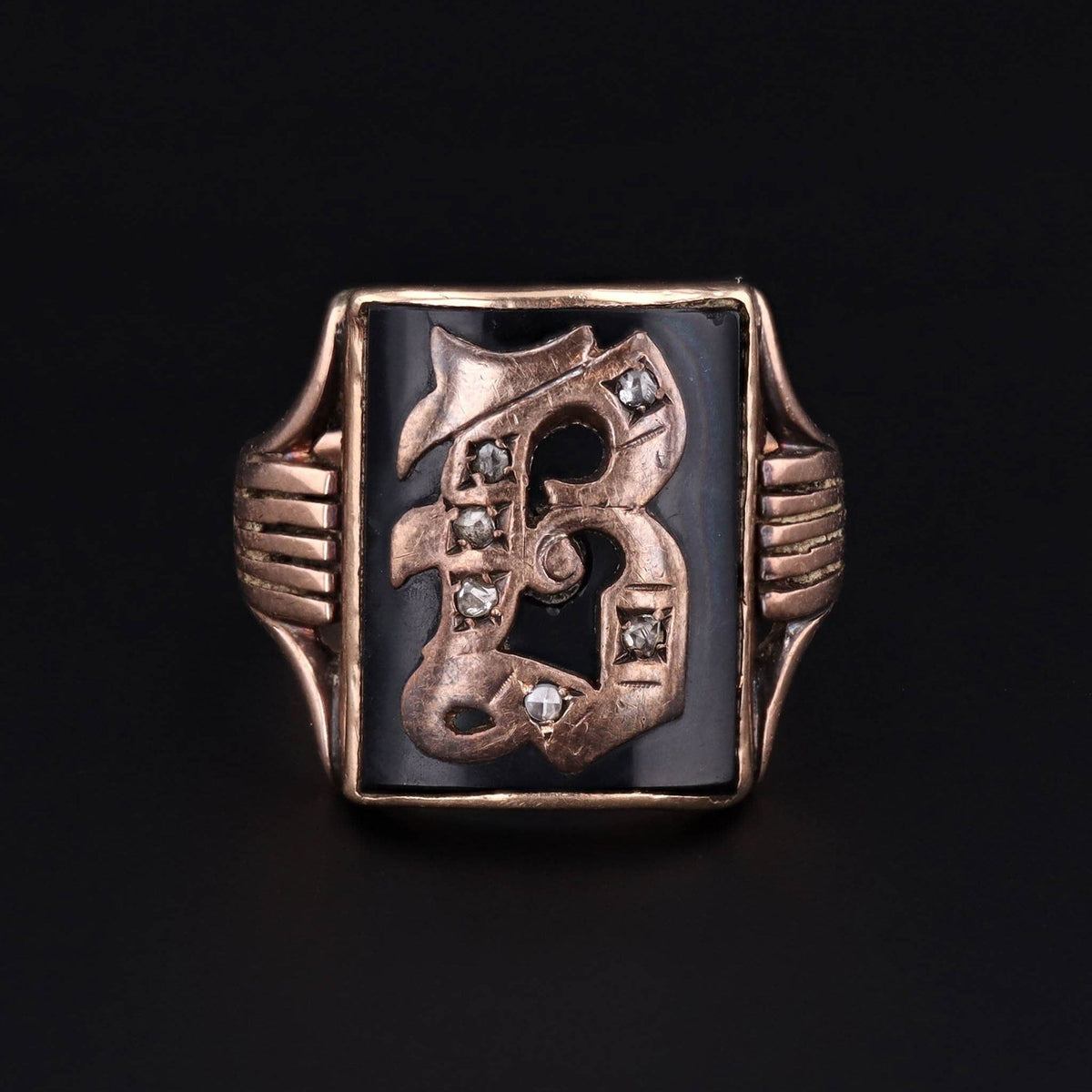Letter B Signet Ring | 10k Gold, Onyx &amp; Diamond Ring - Trademark Antiques