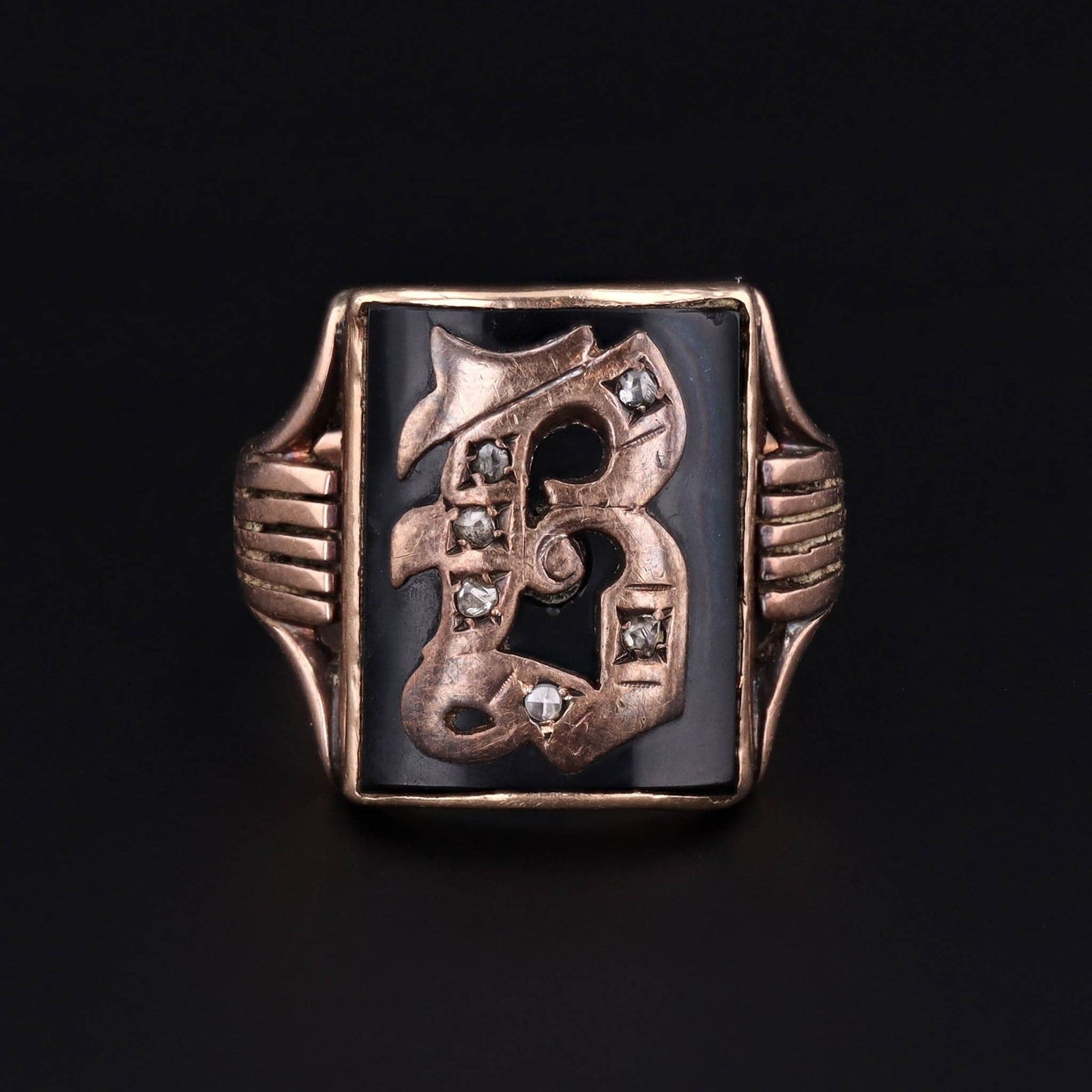 Letter B Signet Ring | 10k Gold, Onyx & Diamond Ring - Trademark Antiques