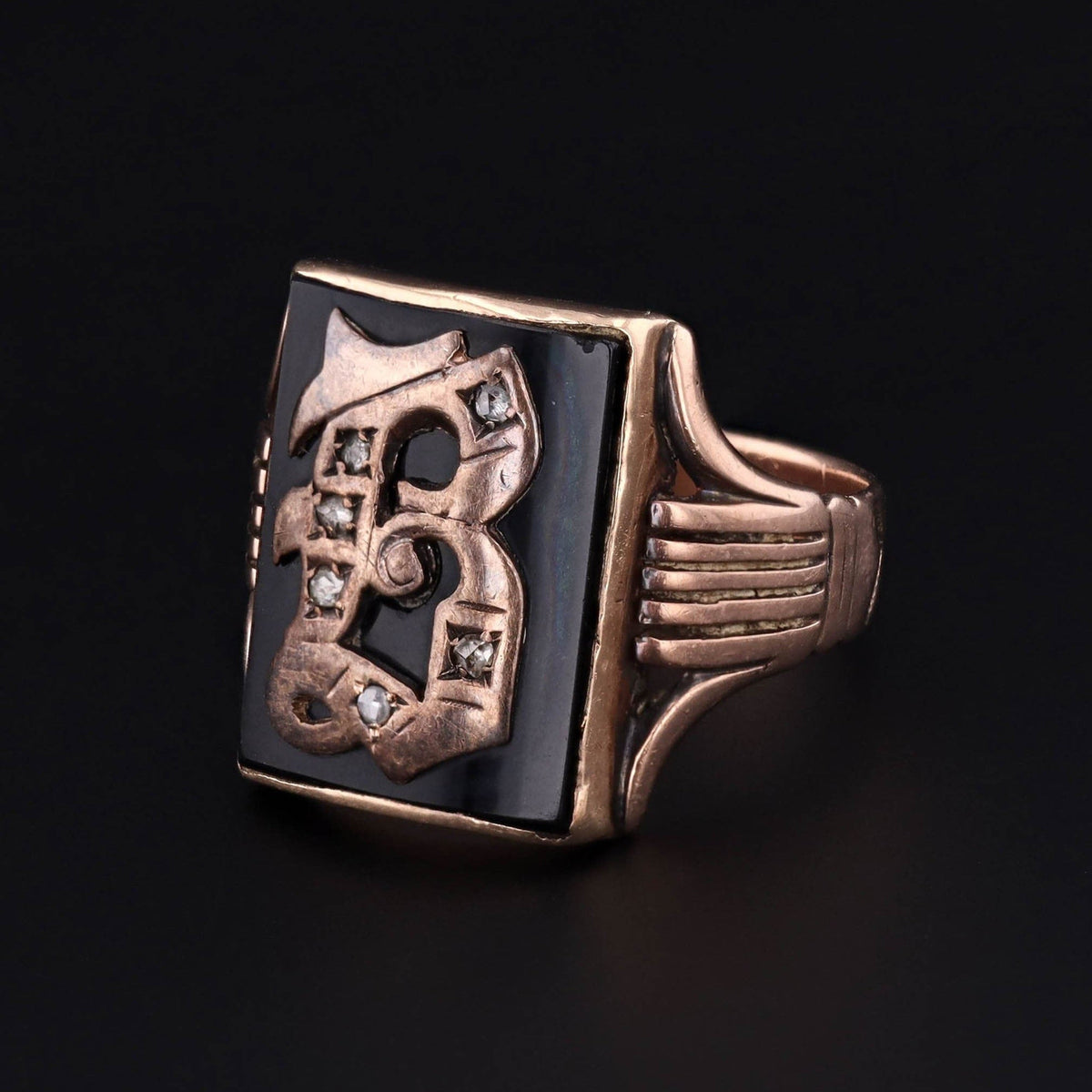 Letter B Signet Ring | 10k Gold, Onyx &amp; Diamond Ring - Trademark Antiques