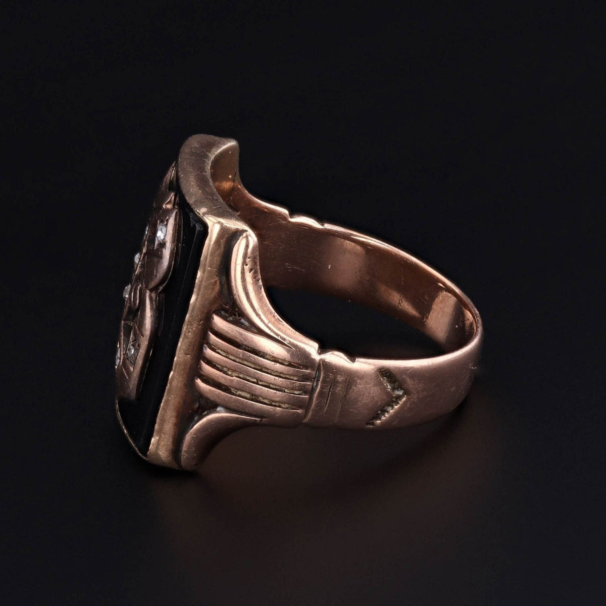 Letter B Signet Ring | 10k Gold, Onyx &amp; Diamond Ring - Trademark Antiques