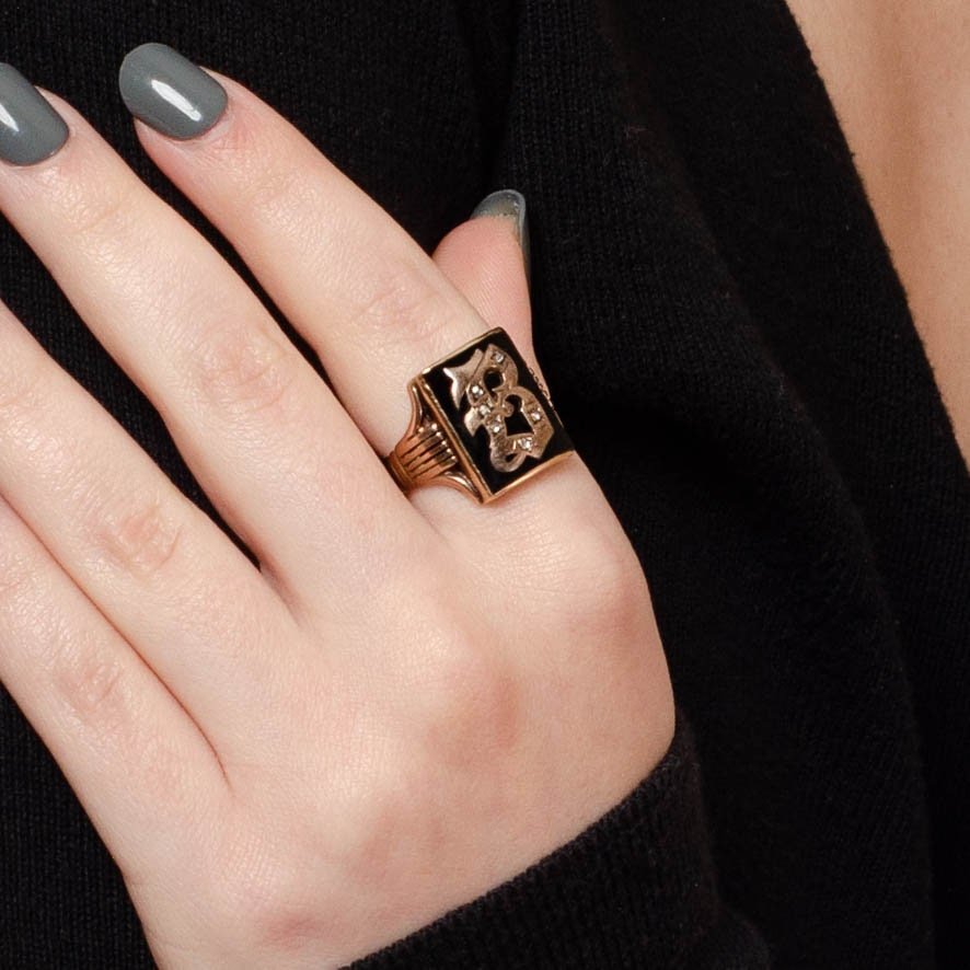 Letter B Signet Ring | 10k Gold, Onyx &amp; Diamond Ring - Trademark Antiques