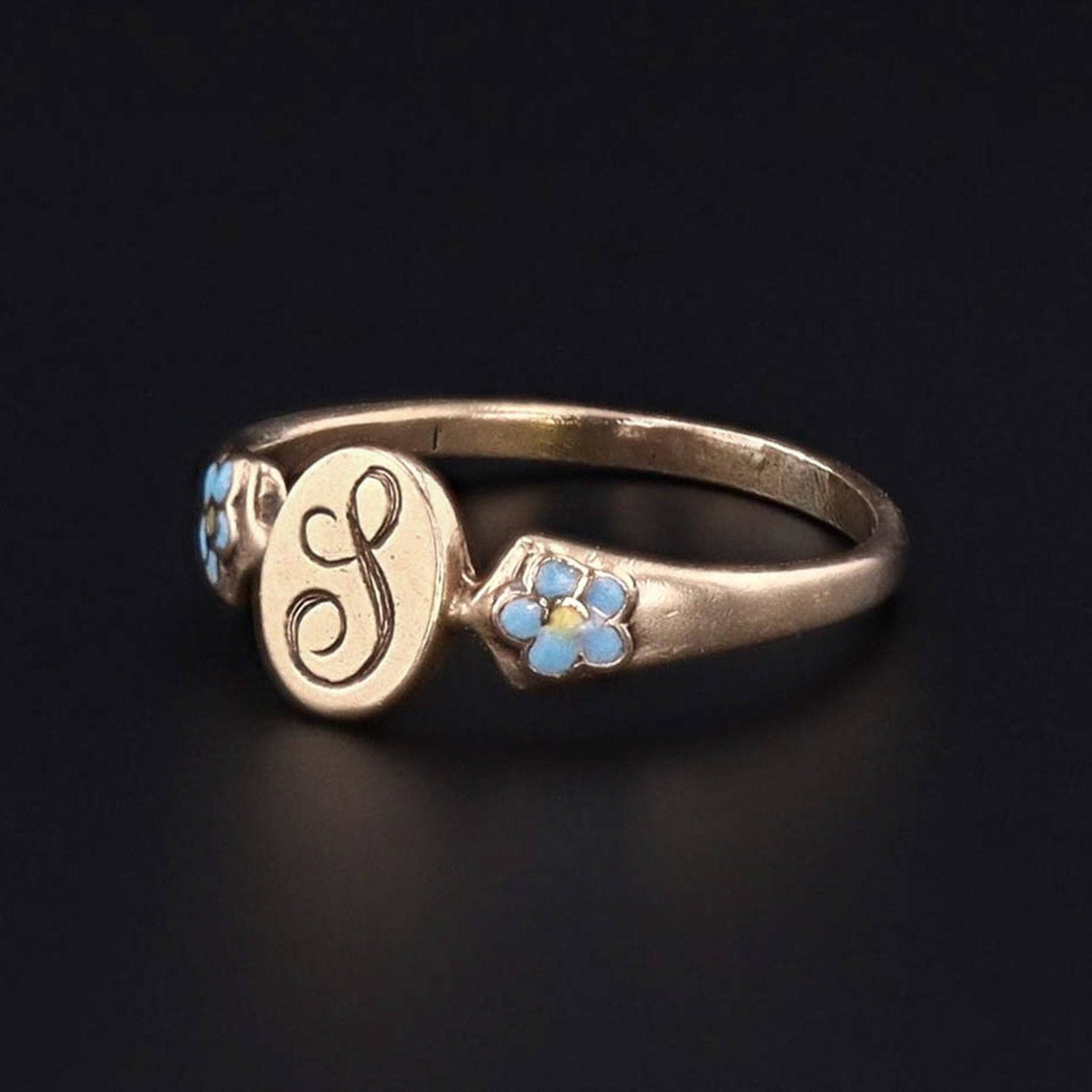 Letter L Child's Ring or Pinky Ring | 10k Gold & Enamel Initial Ring - Trademark Antiques