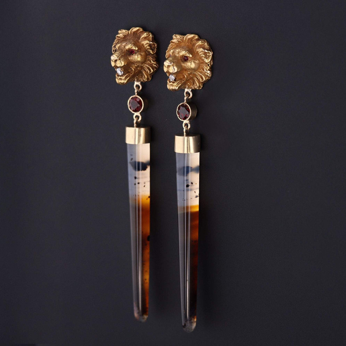 Lion Earrings with Montana Agate and Garnets | Statement Earrings - Trademark Antiques