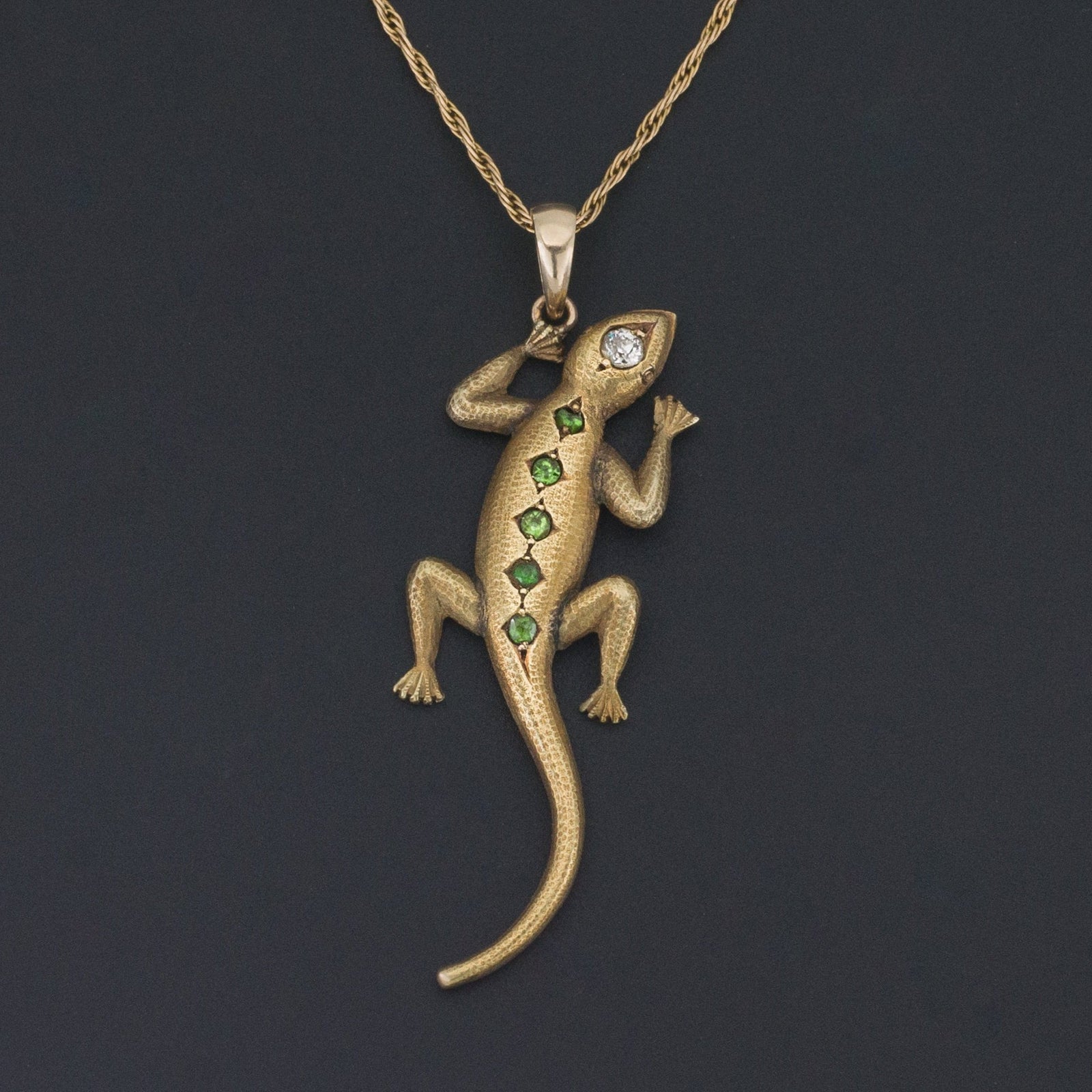 Lizard Pendant | 14k Gold Demantoid Garnet & Diamond - Trademark Antiques