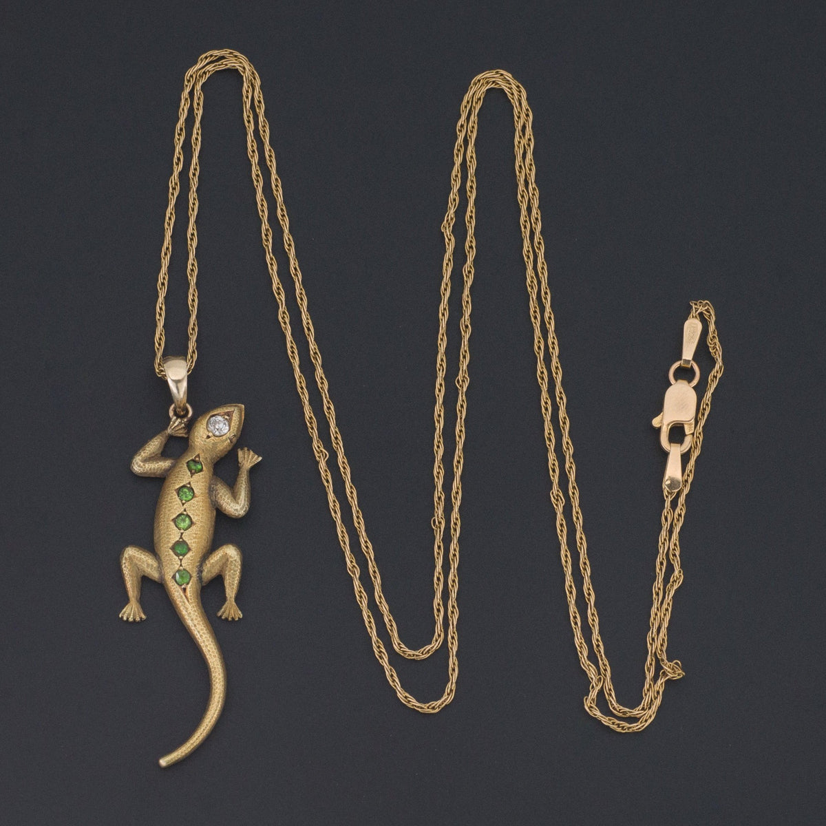 Lizard Pendant | 14k Gold Demantoid Garnet &amp; Diamond - Trademark Antiques