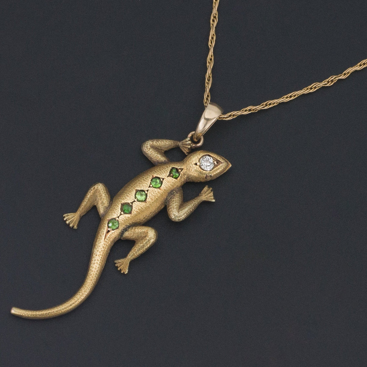Lizard Pendant | 14k Gold Demantoid Garnet &amp; Diamond - Trademark Antiques