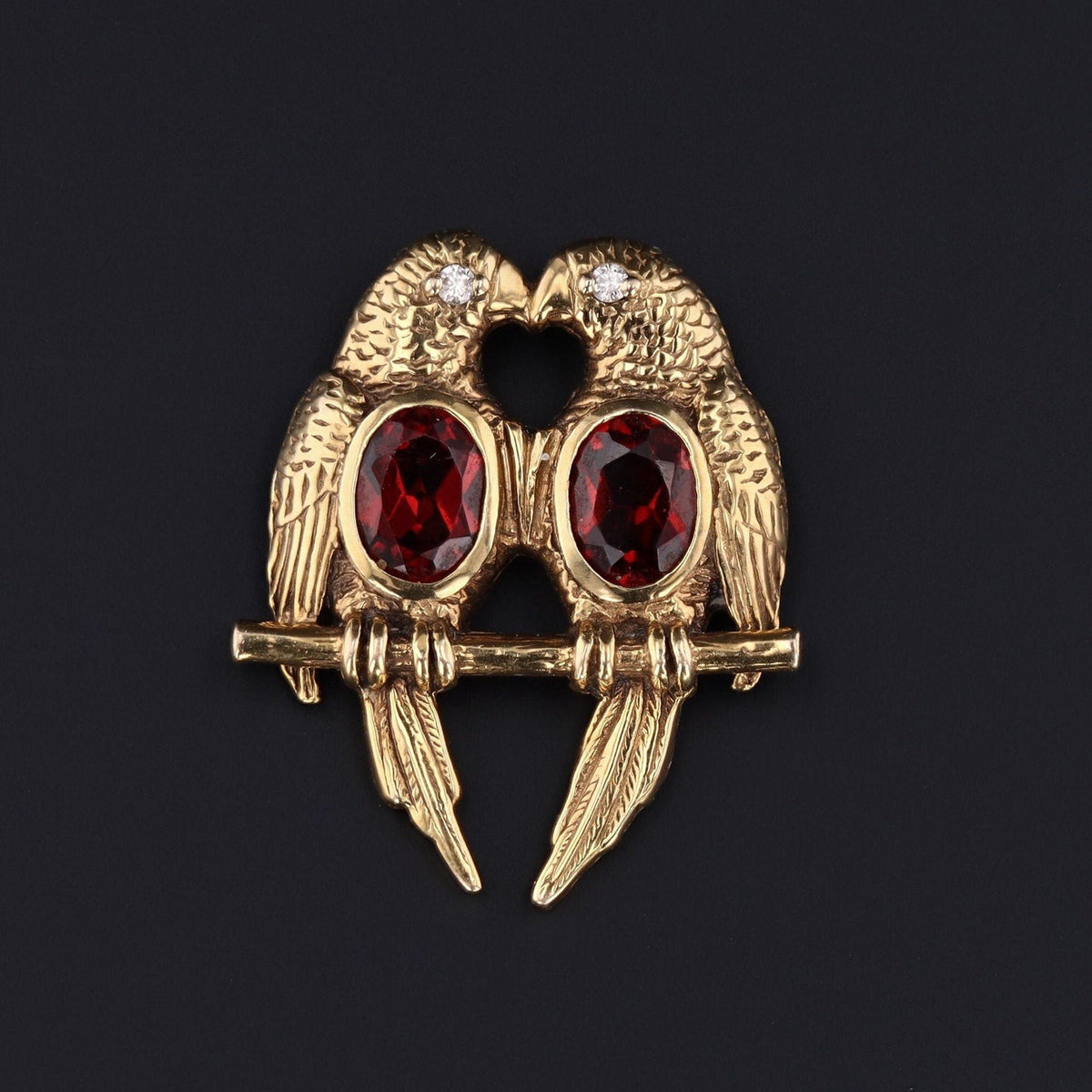 Lovebirds Pendant | 14k Gold Garnet &amp; Diamond Pendant - Trademark Antiques