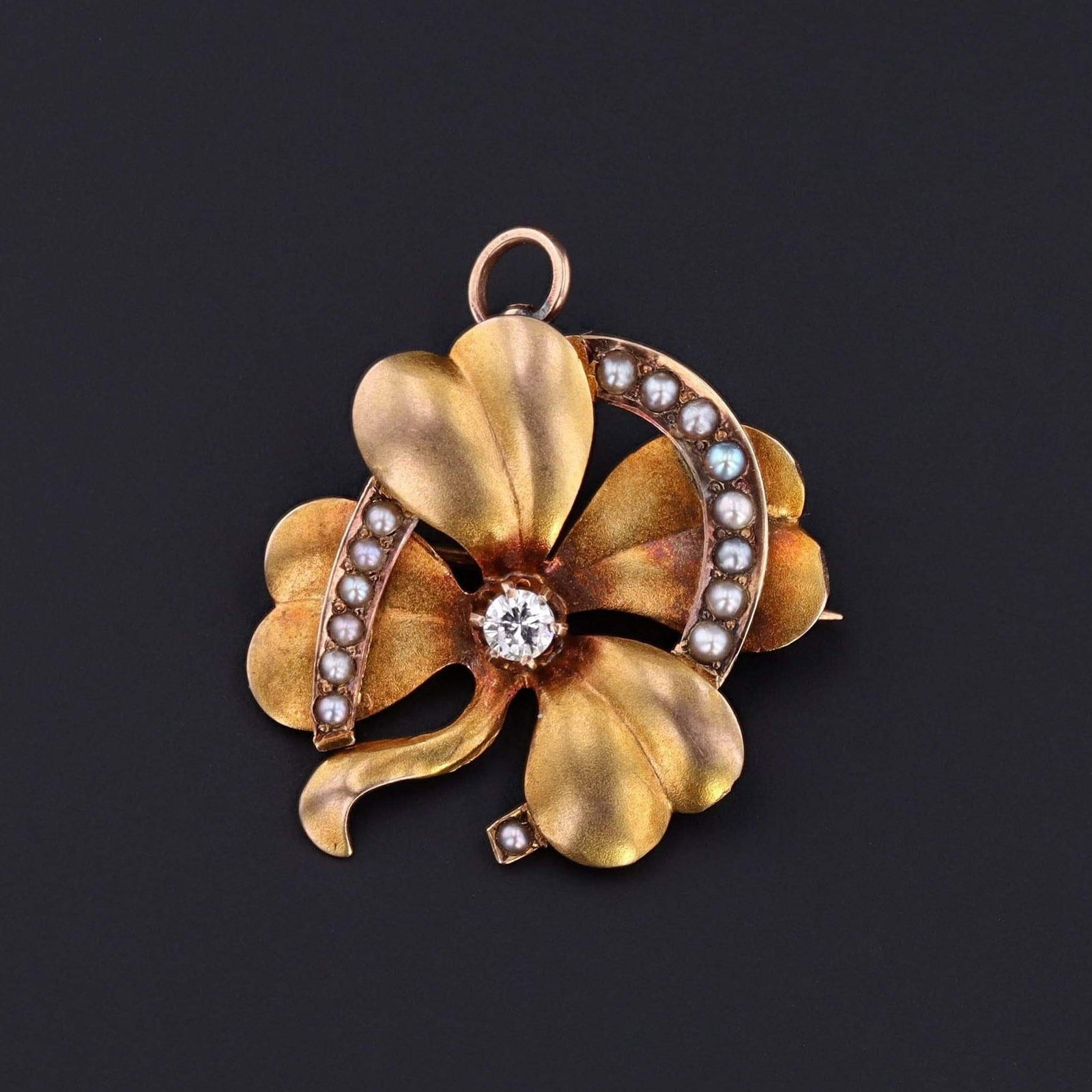 Lucky Charm | Diamond Clover and Pearl Horseshoe Brooch or Pendant - Trademark Antiques