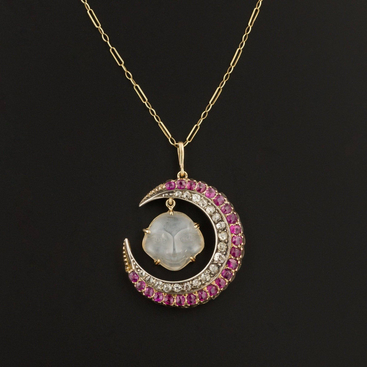 Man in the Moon Necklace | Carved Moonstone Face with Diamond &amp; Ruby Crescent - Trademark Antiques