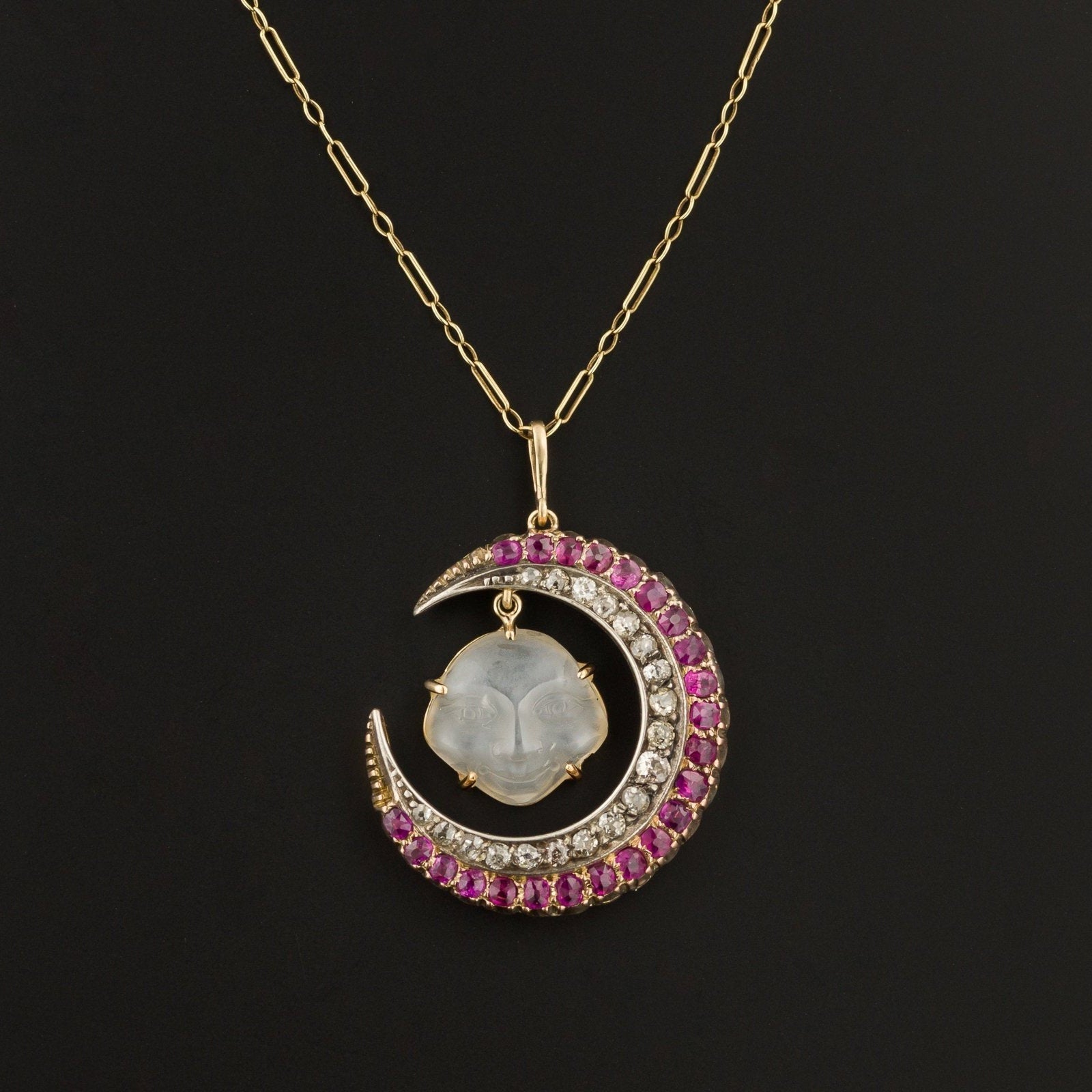 Man in the Moon Necklace | Carved Moonstone Face with Diamond & Ruby Crescent - Trademark Antiques