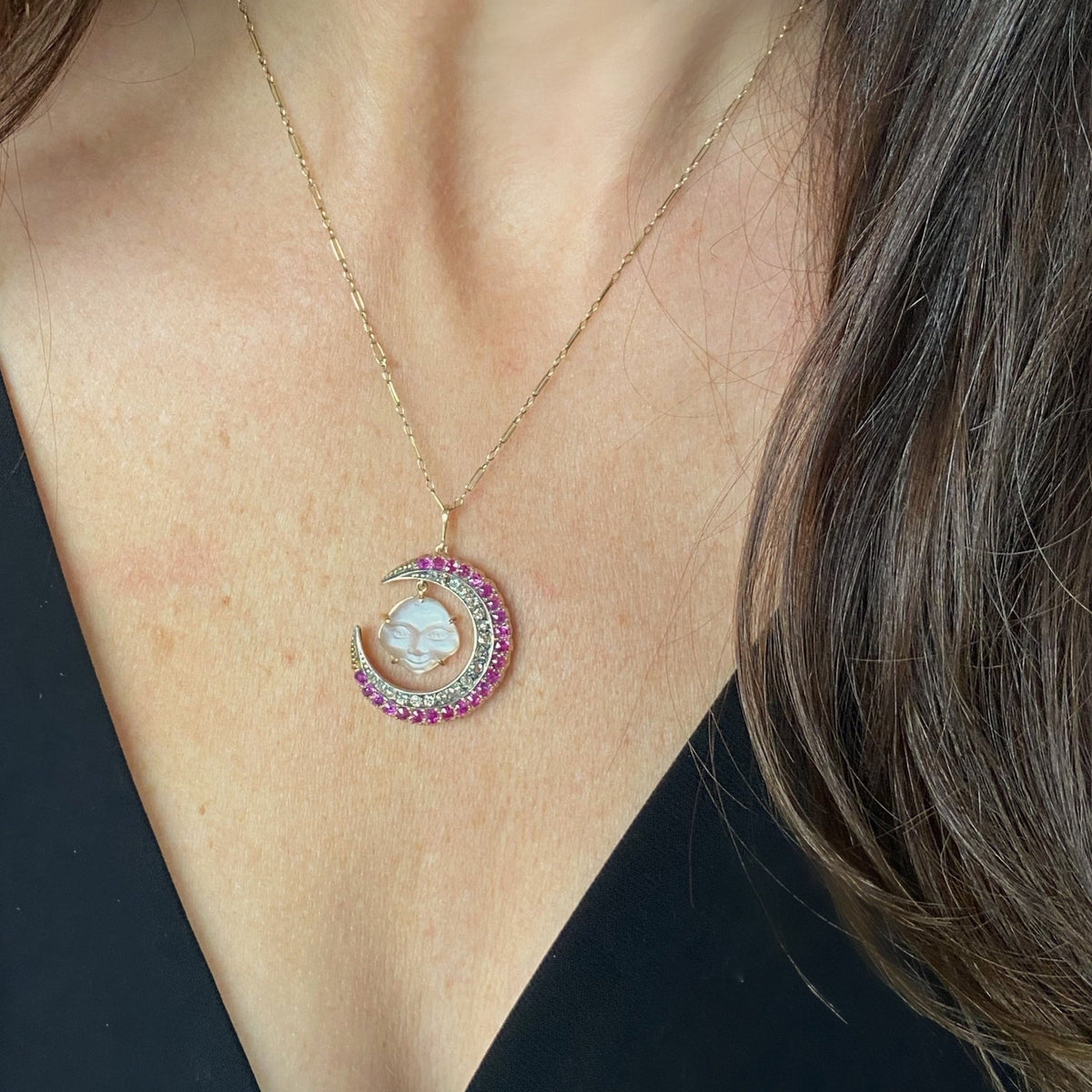 Man in the Moon Necklace | Carved Moonstone Face with Diamond &amp; Ruby Crescent - Trademark Antiques