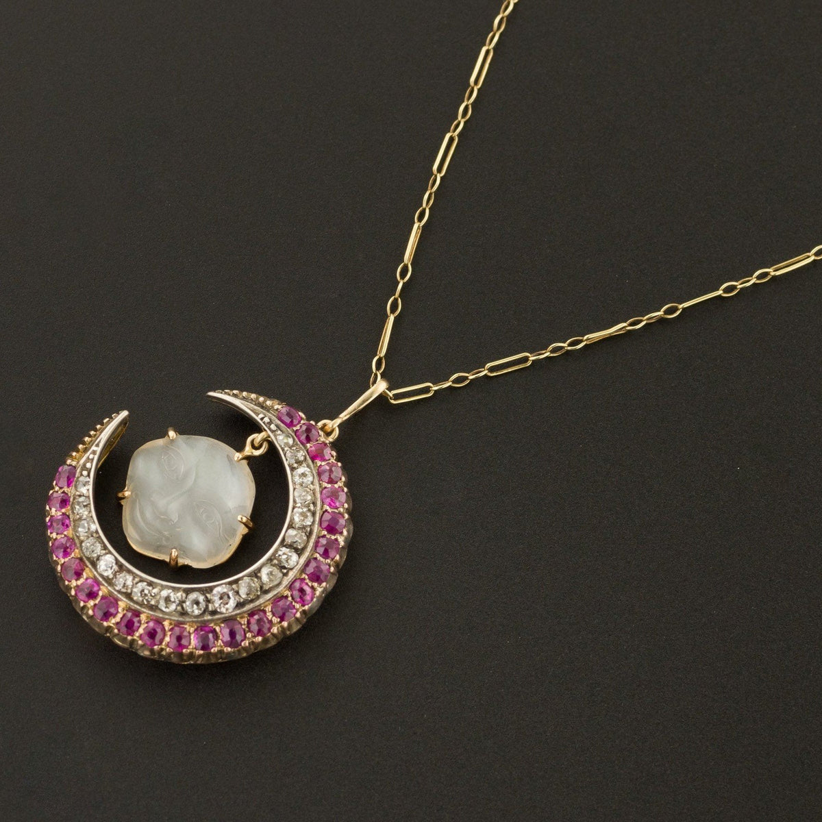 Man in the Moon Necklace | Carved Moonstone Face with Diamond &amp; Ruby Crescent - Trademark Antiques