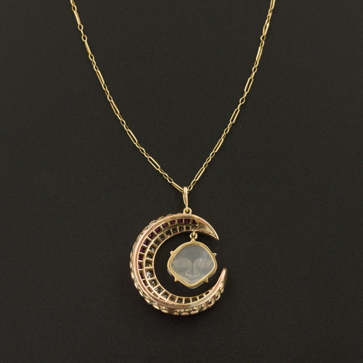 Man in the Moon Necklace | Carved Moonstone Face with Diamond &amp; Ruby Crescent - Trademark Antiques