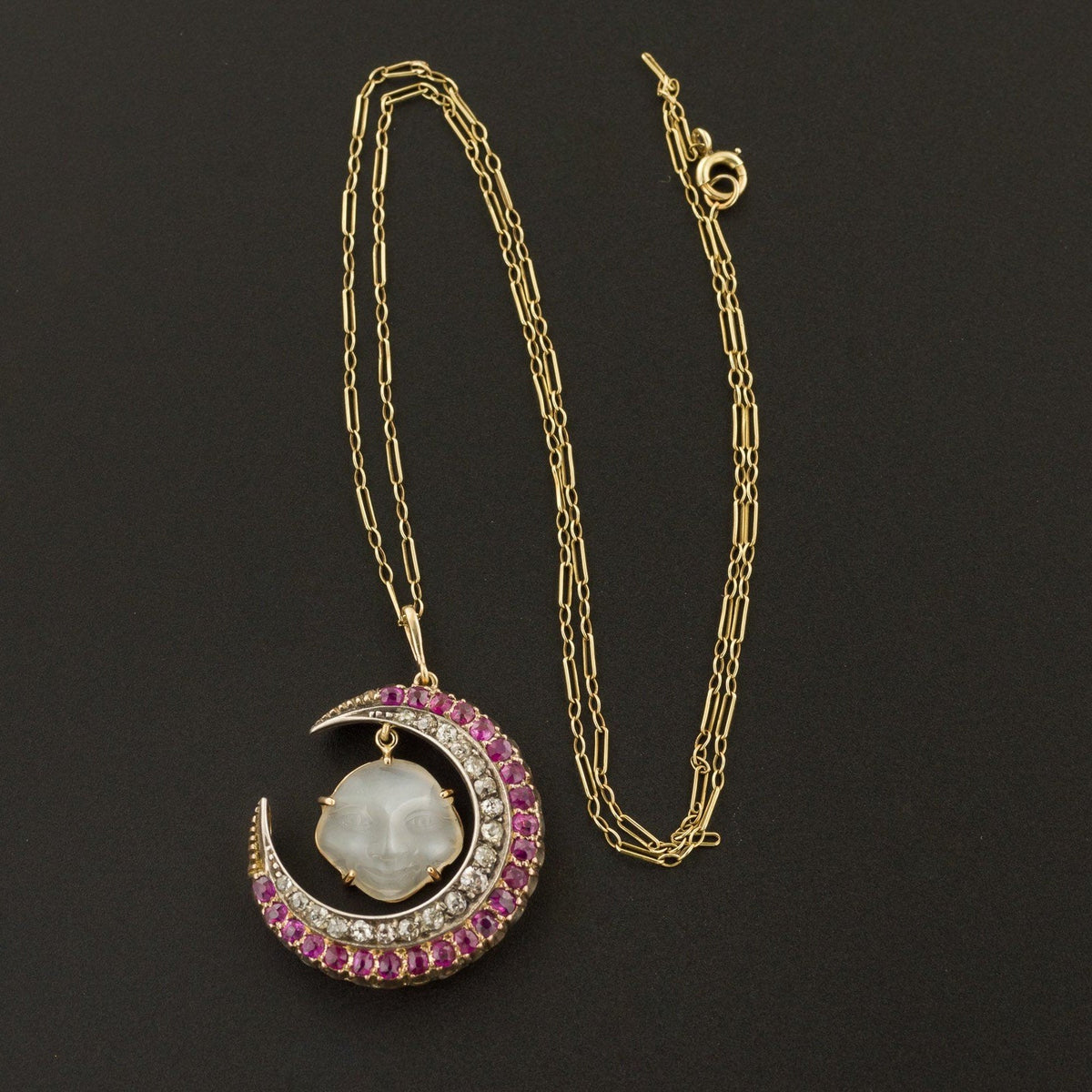 Man in the Moon Necklace | Carved Moonstone Face with Diamond &amp; Ruby Crescent - Trademark Antiques