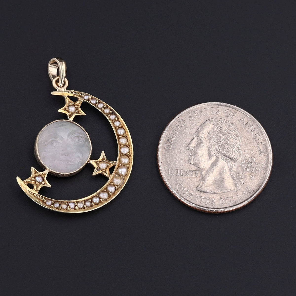 Man in the Moon Pendant | Carved Glass Moon Pendant with Pearls - Trademark Antiques