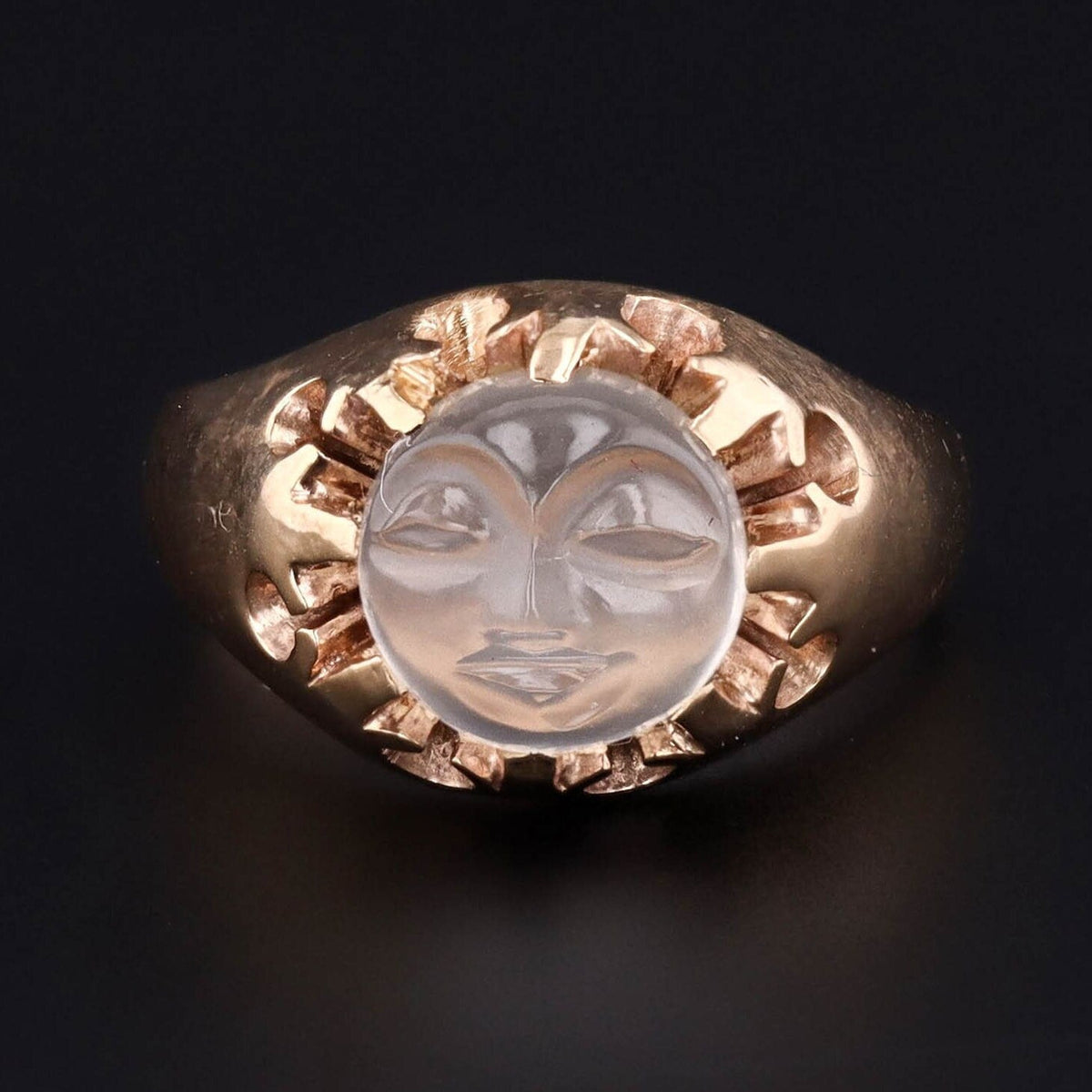 Man in the Moon Ring | 10k Gold Carved Moonstone Face Ring - Trademark Antiques