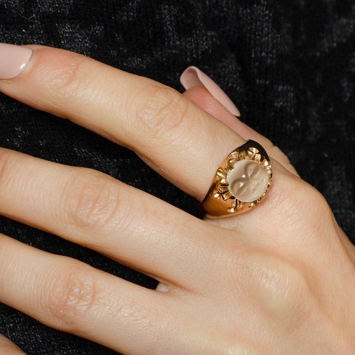 Man in the Moon Ring | 10k Gold Carved Moonstone Face Ring - Trademark Antiques