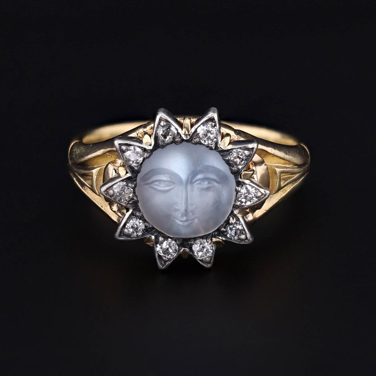 Man in the Moon Ring | 18k Gold, Moonstone &amp; Diamond Ring - Trademark Antiques