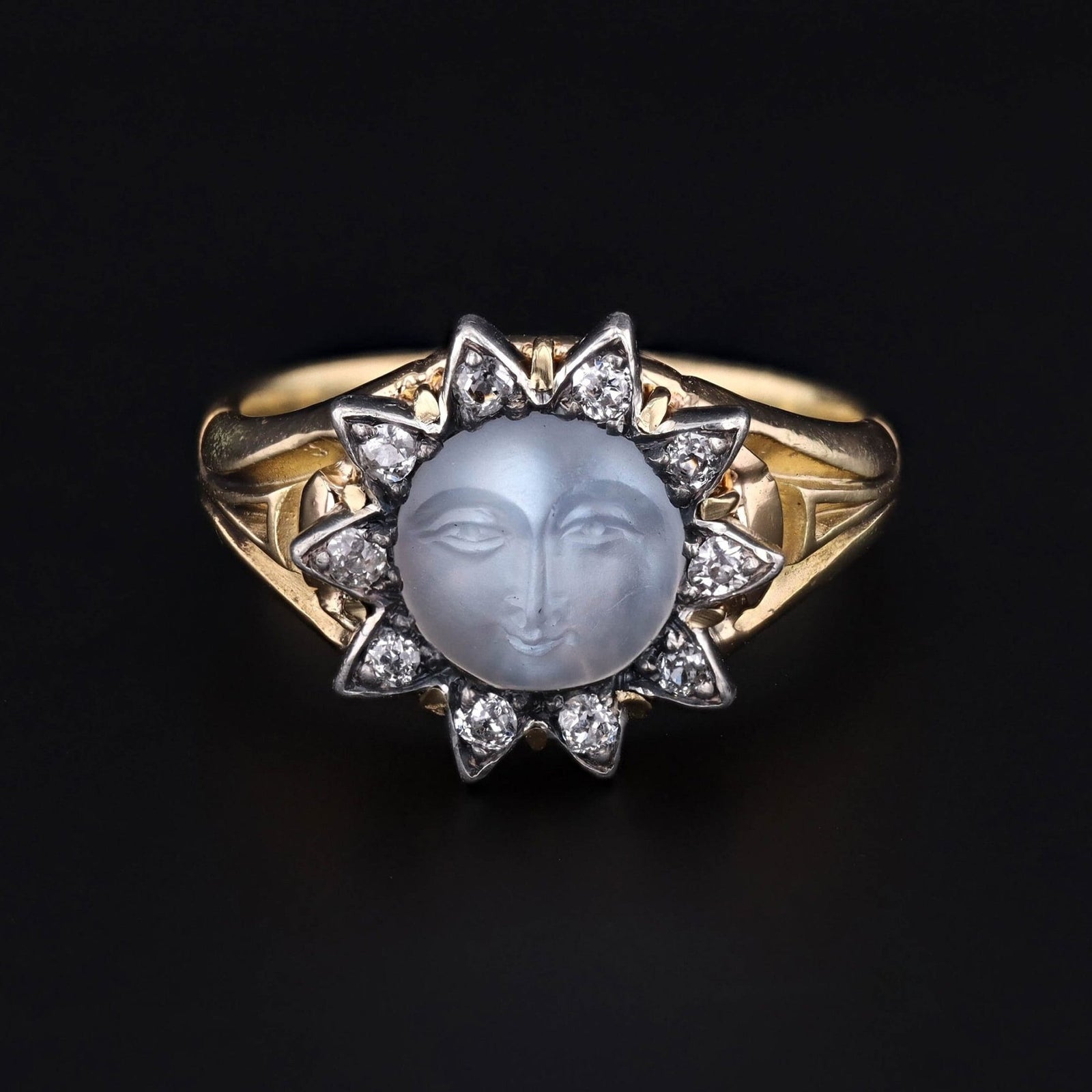Man in the Moon Ring | 18k Gold, Moonstone & Diamond Ring - Trademark Antiques
