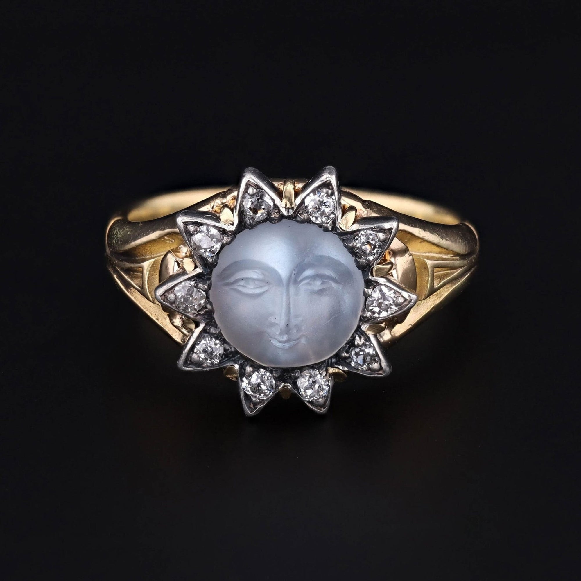 Man in the Moon Ring | 18k Gold, Moonstone & Diamond Ring - Trademark Antiques