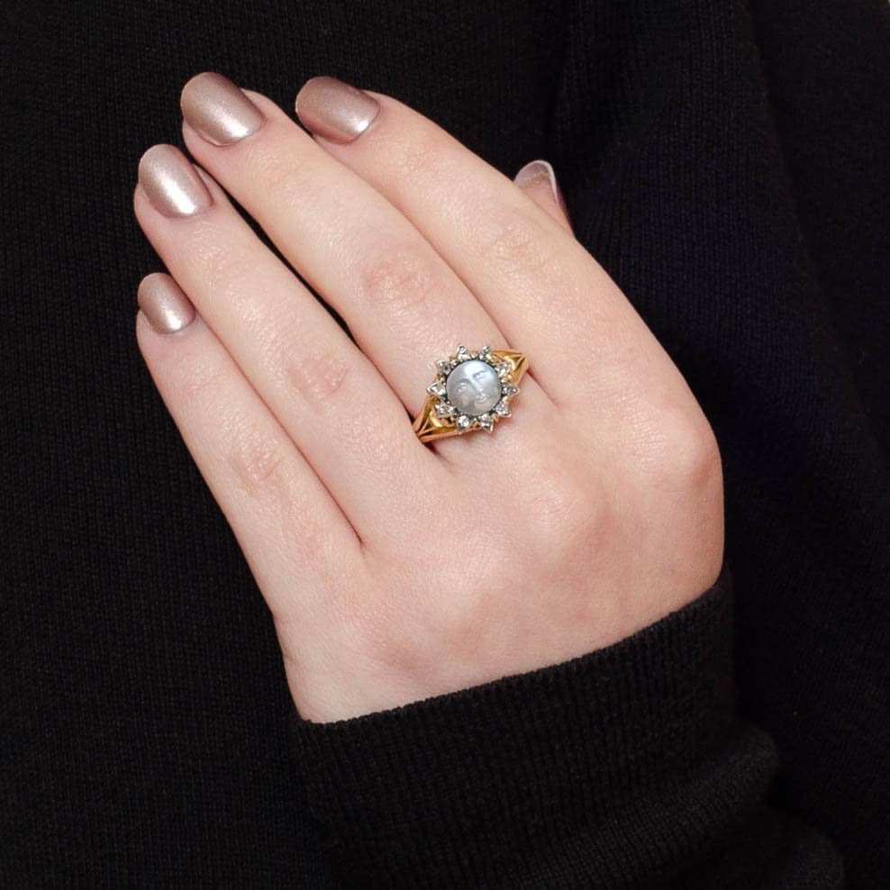 Man in the Moon Ring | 18k Gold, Moonstone &amp; Diamond Ring - Trademark Antiques