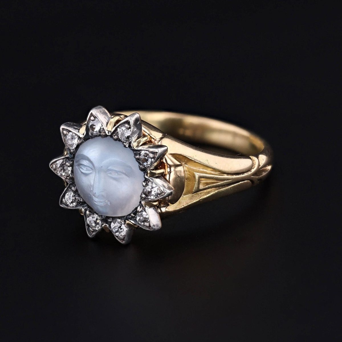 Man in the Moon Ring | 18k Gold, Moonstone &amp; Diamond Ring - Trademark Antiques
