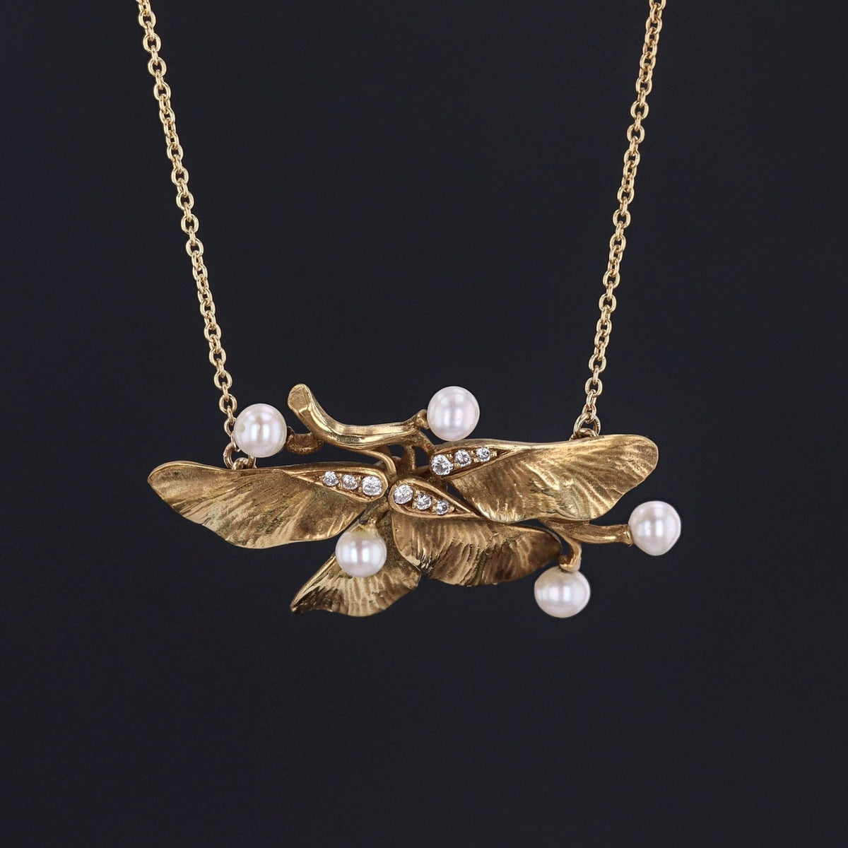 Maple Seed Necklace | 14k Gold, Pearl &amp; Diamond Necklace - Trademark Antiques