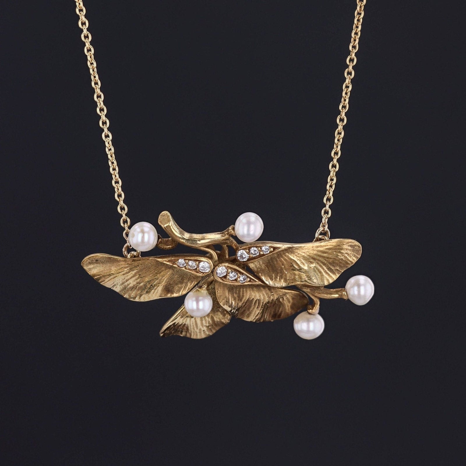 Maple Seed Necklace | 14k Gold, Pearl & Diamond Necklace - Trademark Antiques